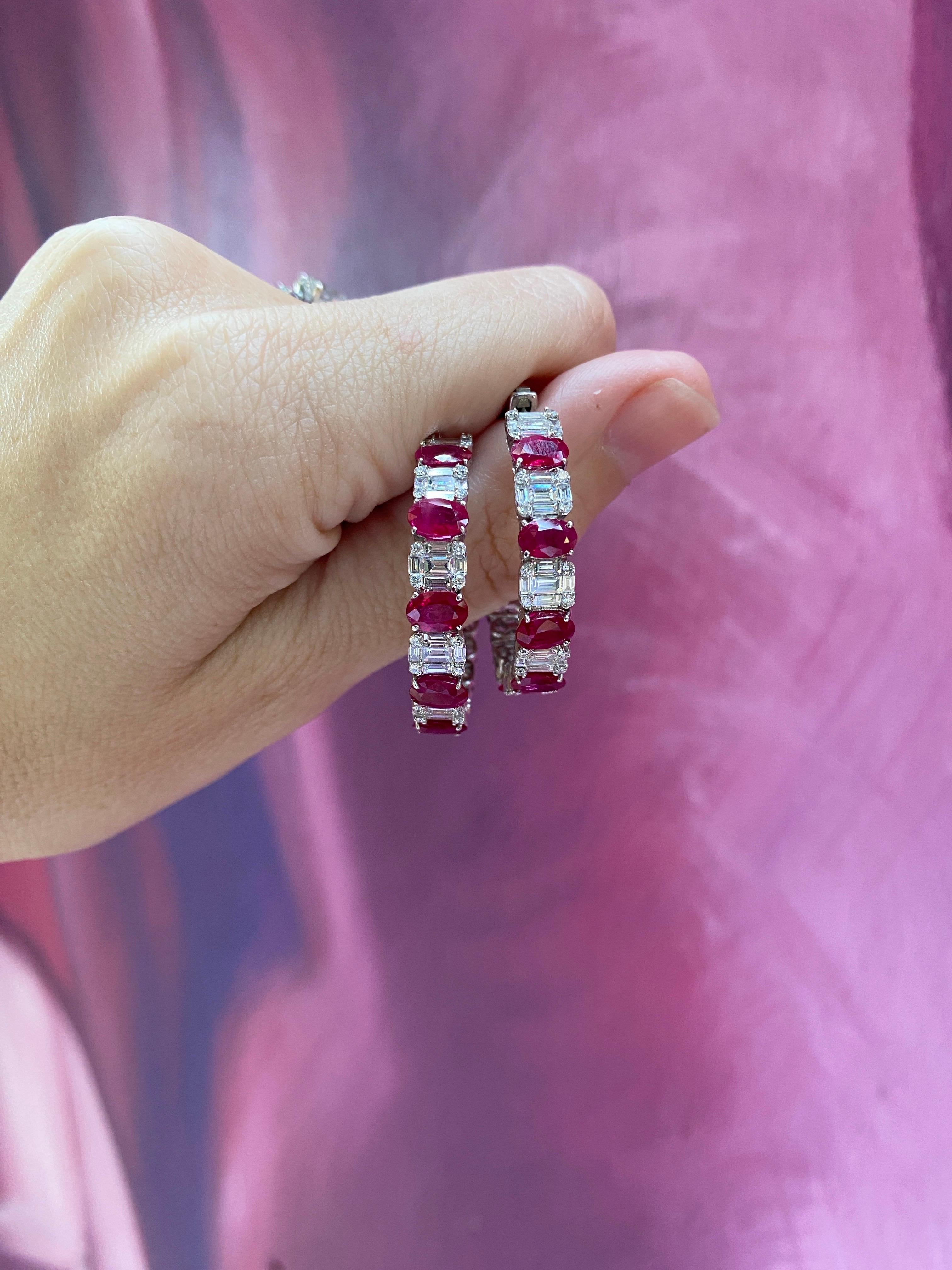 Créoles en rubis taille ovale de 4,53 carats et diamants ronds et baguettes de 2,71 carats en vente 11