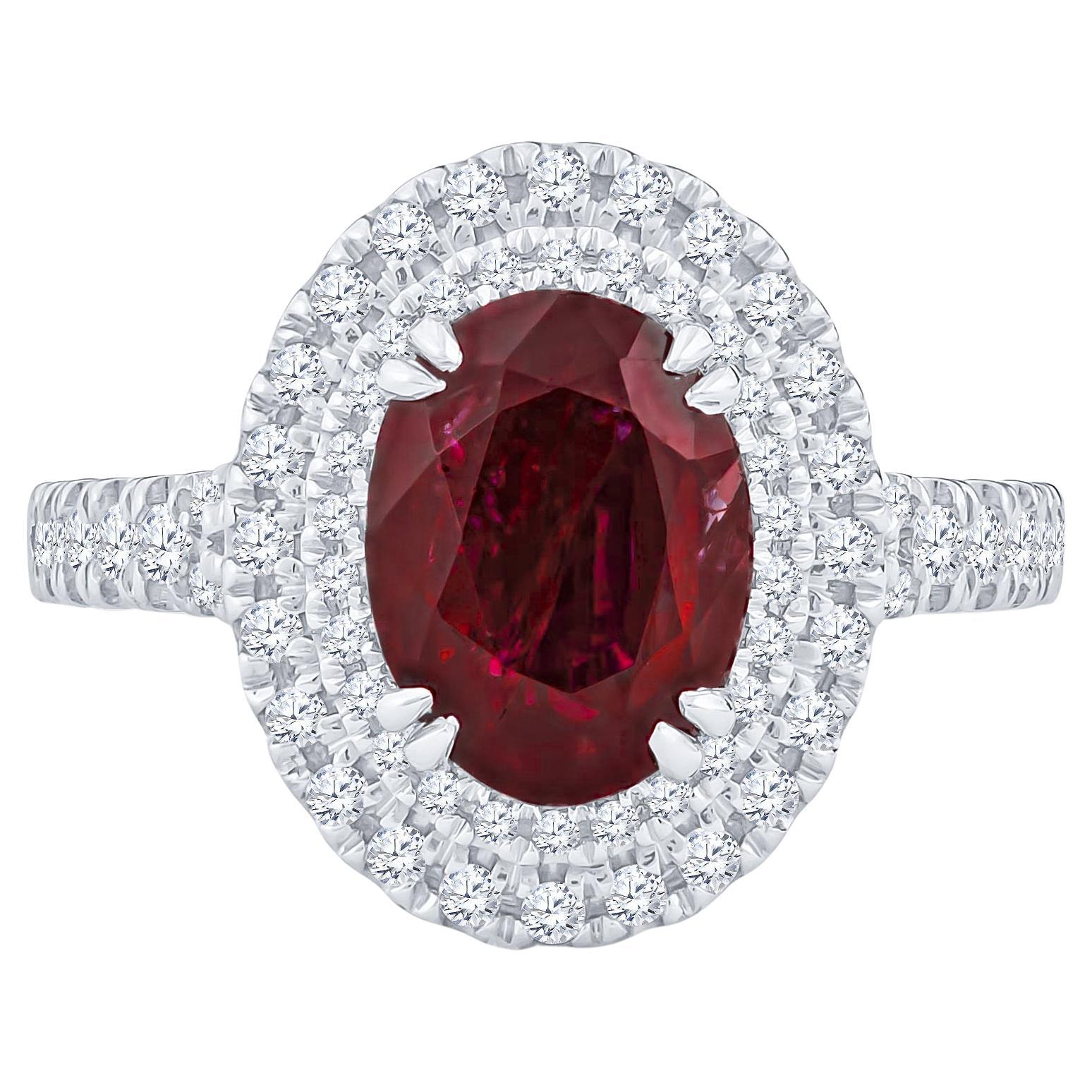 Verragio, bague de fiançailles avec double halo de diamants et rubis de taille ovale de 2,62 carats certifié GIA