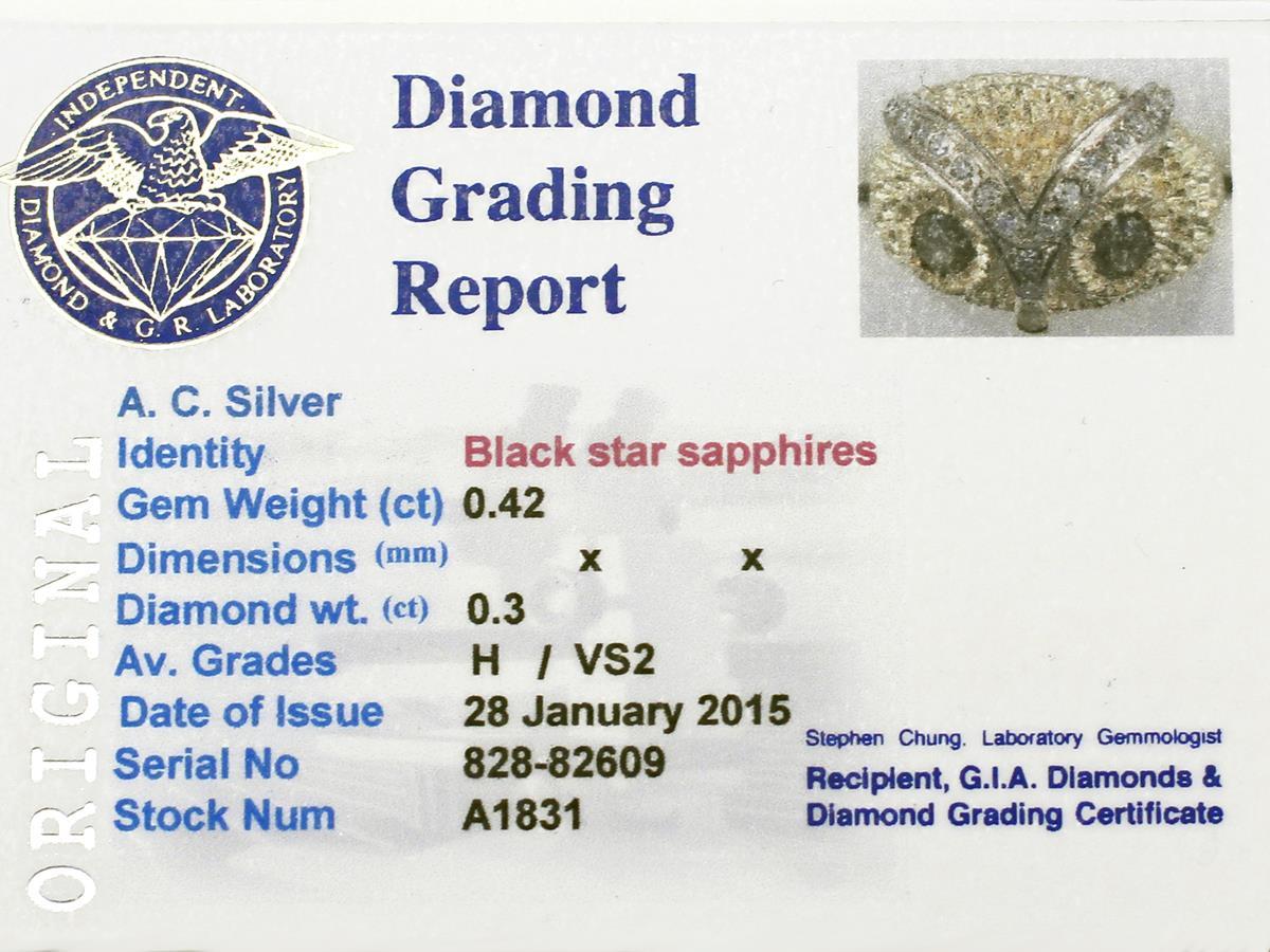 0.42Ct Black Star Sapphire & 0.30Ct Diamond, 18k Yellow Gold 'Owl' Ring 1
