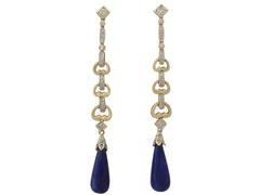 Lapis Lazuli and 0.38 Carat Diamond, Yellow Gold Drop Earrings
