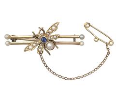 Sapphire & Diamond, Pearl & 15k Yellow Gold 'Insect' Brooch - Antique Victorian 7