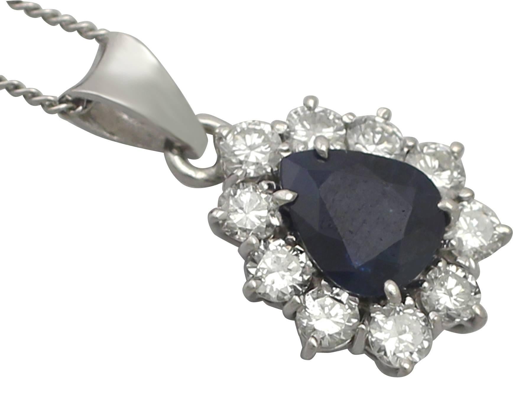 A fine and impressive 1.25 carat blue sapphire and 0.50 carat diamond, 14 karat white gold pendant; part of our diverse vintage jewellery and estate jewelry collections

This fine and impressive vintage sapphire pendant has been crafted in 14k white