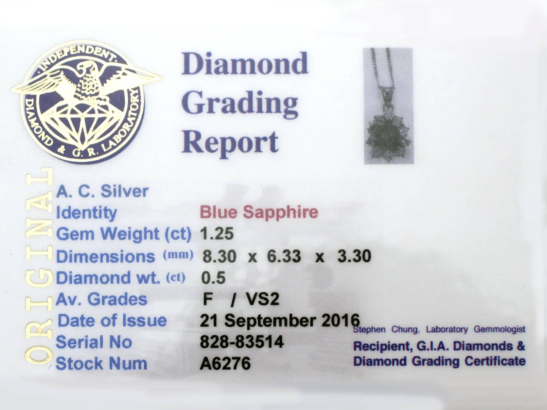 1970s 1.25 Carat Sapphire and 0.50 Carat Diamond, 14k White Gold Pendant 2