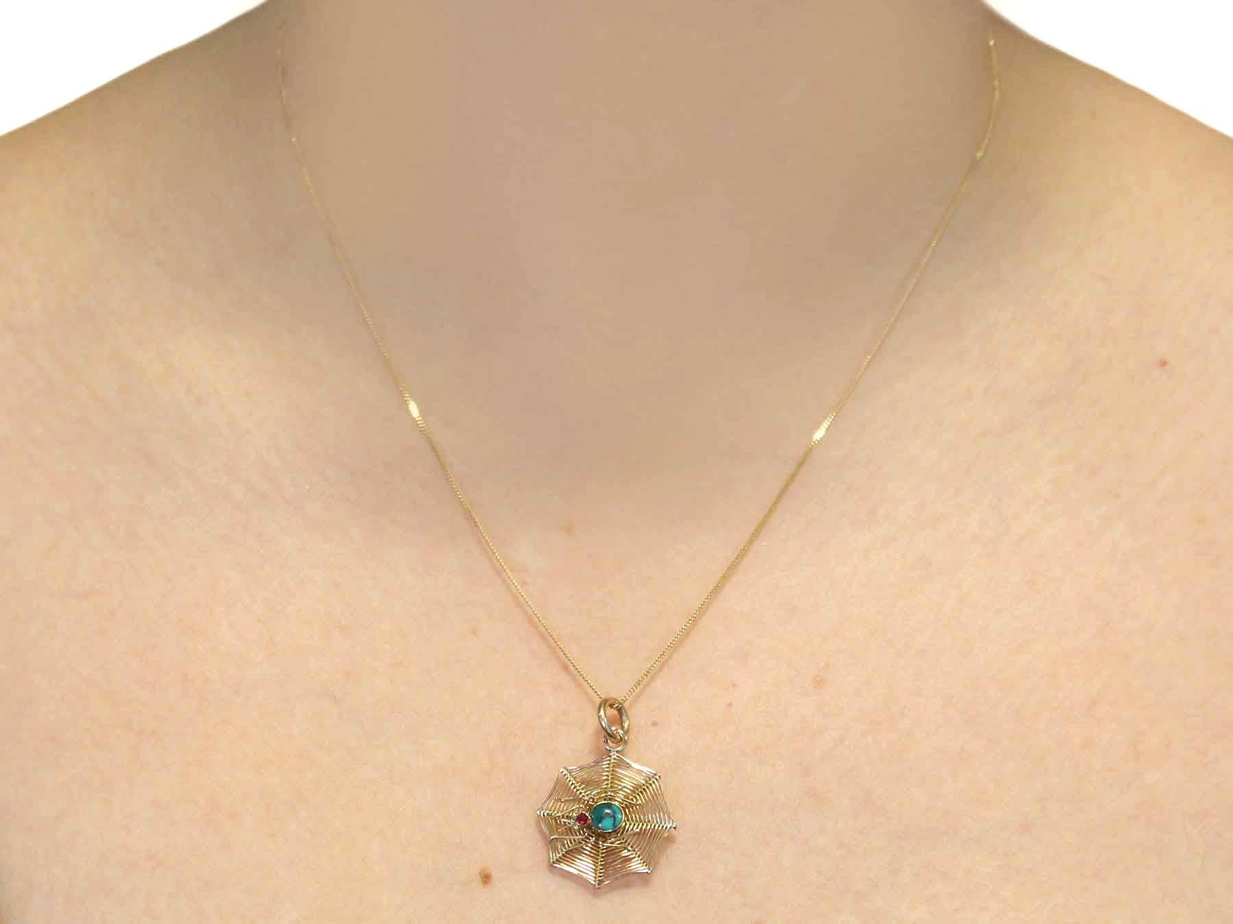 Antique1890s Turquoise and 9k Yellow Gold Spiderweb Pendant 3