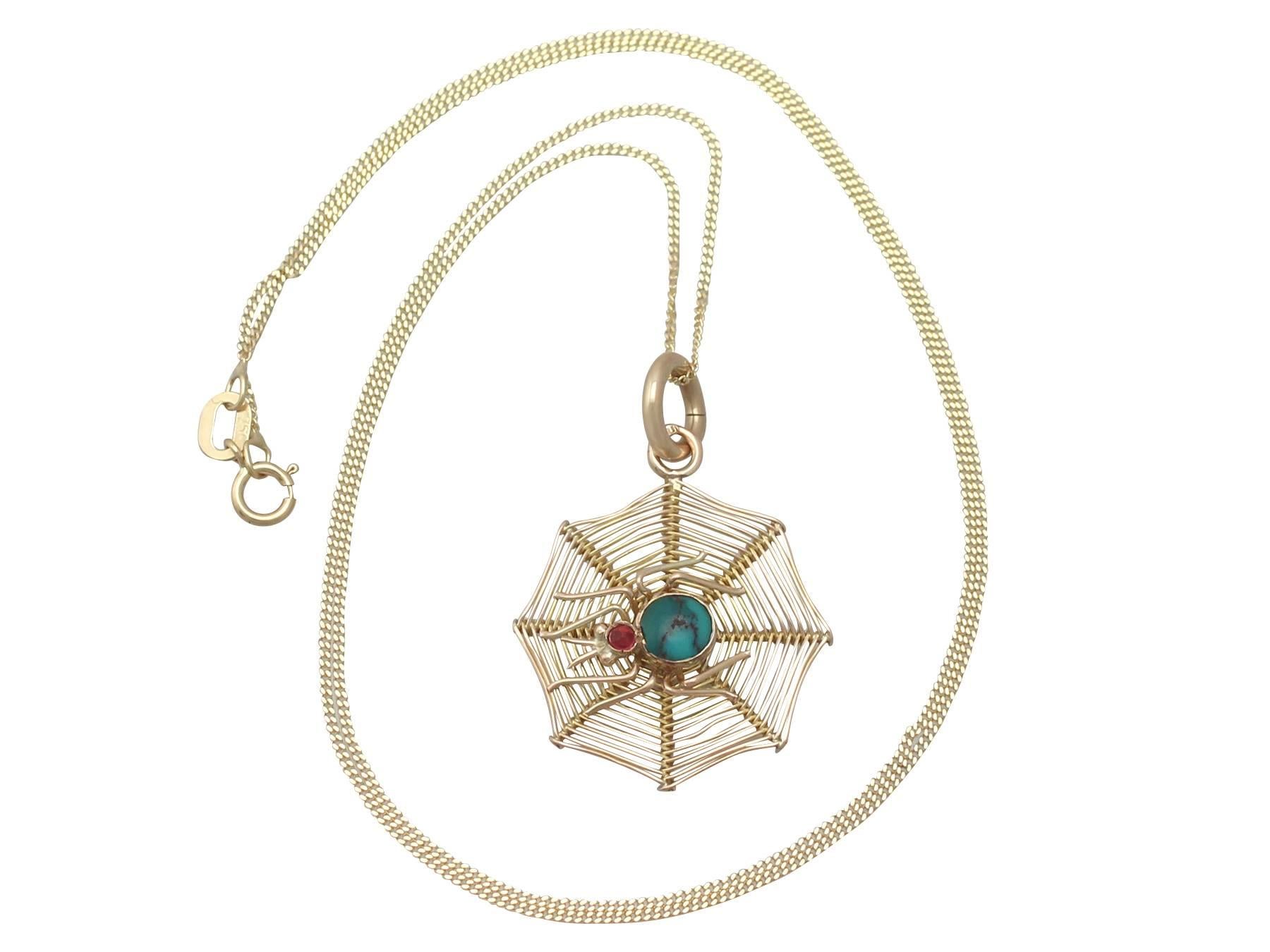 A fine and impressive antique Victorian turquoise and red paste, 9 karat yellow gold pendant in the form of a spider and web; part of our diverse antique jewellery and estate jewelry collections

This fine and impressive spiderweb pendant has been