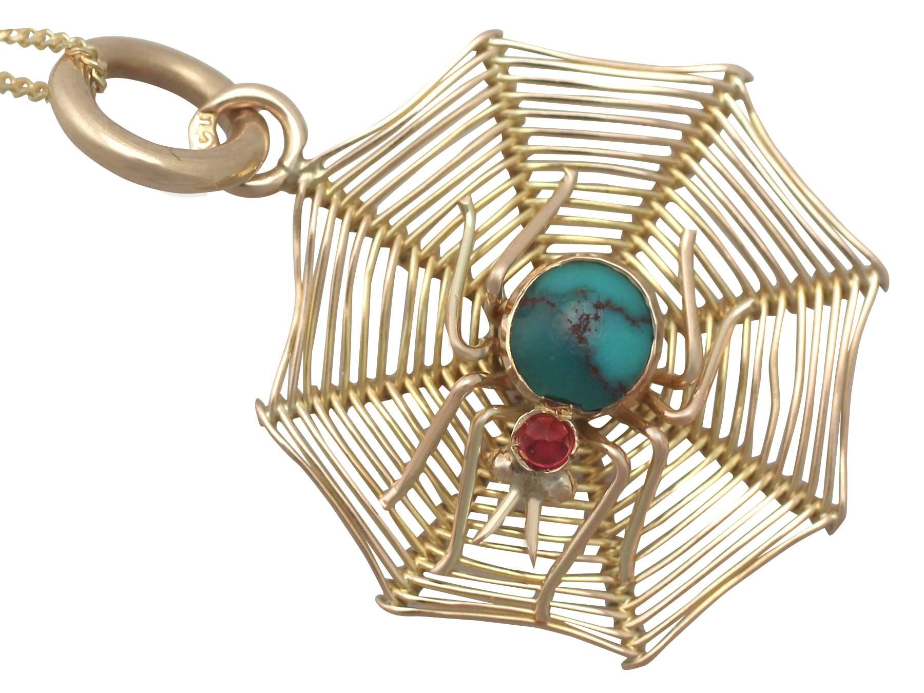 Victorian Antique1890s Turquoise and 9k Yellow Gold Spiderweb Pendant