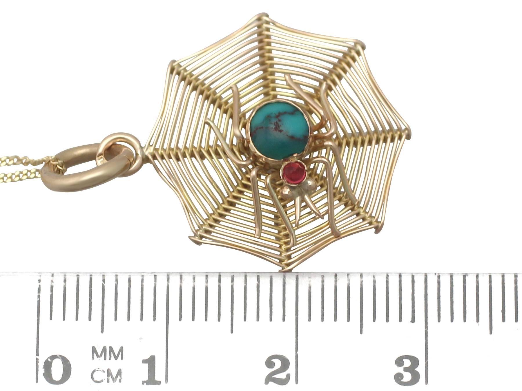 Antique1890s Turquoise and 9k Yellow Gold Spiderweb Pendant 1