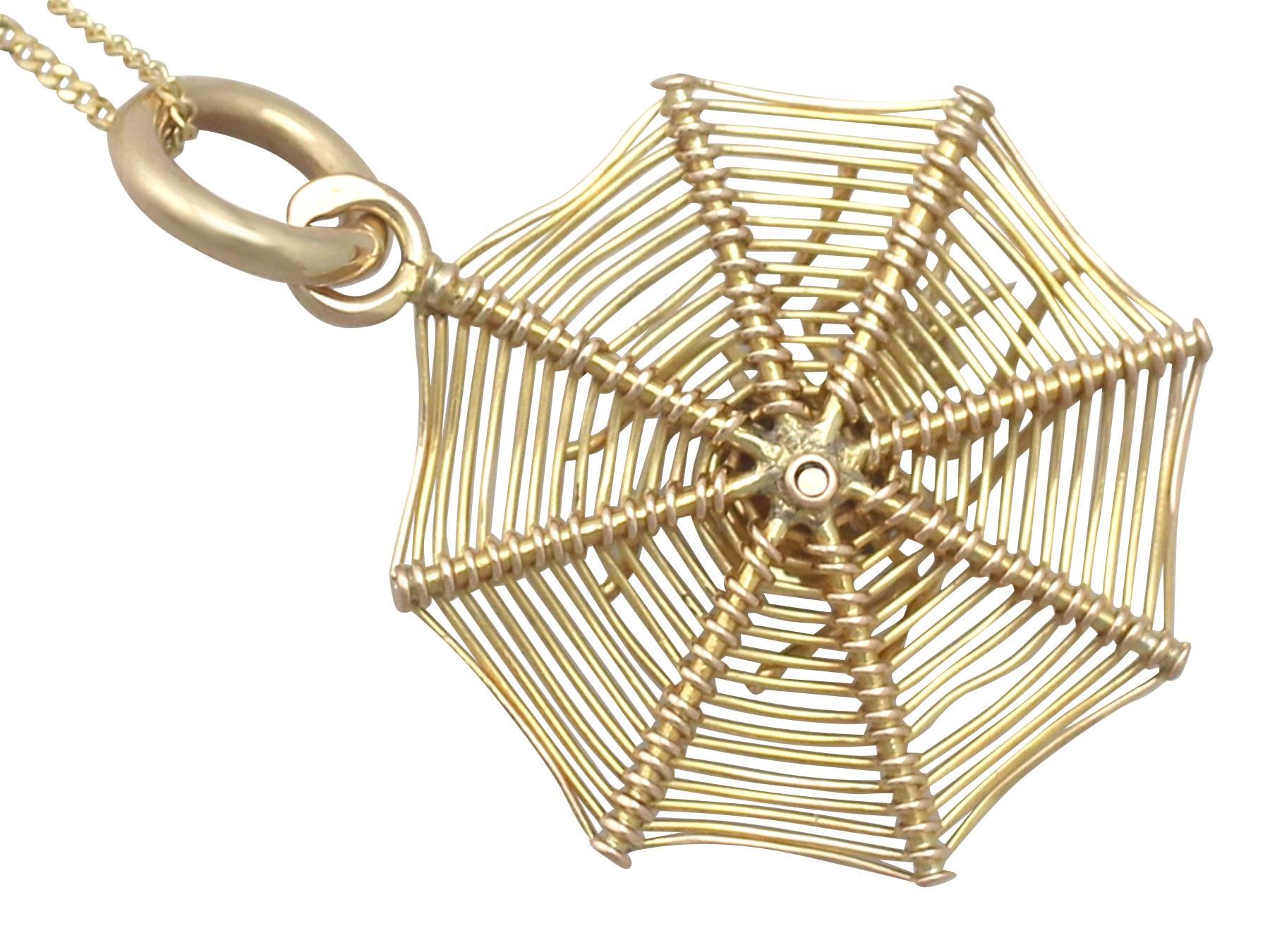 Women's Antique1890s Turquoise and 9k Yellow Gold Spiderweb Pendant