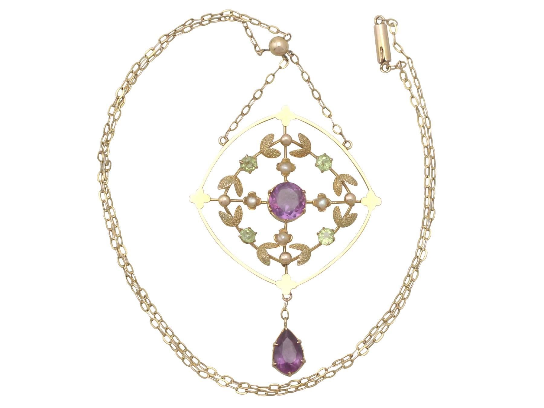 1890s Victorian Amethyst and Peridot, 12k Yellow Gold Necklace In Excellent Condition In Jesmond, Newcastle Upon Tyne