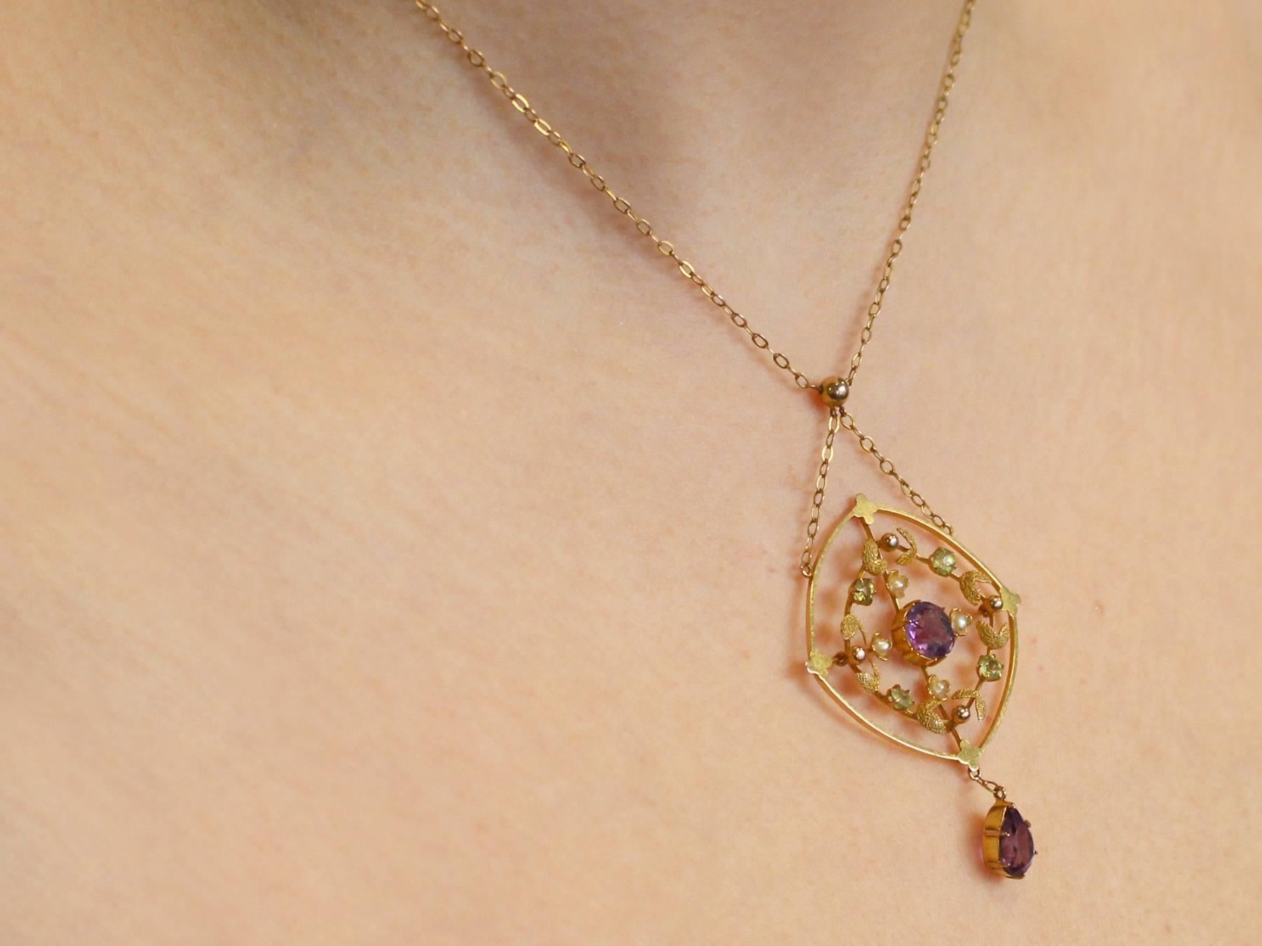 1890s Victorian Amethyst and Peridot, 12k Yellow Gold Necklace 4