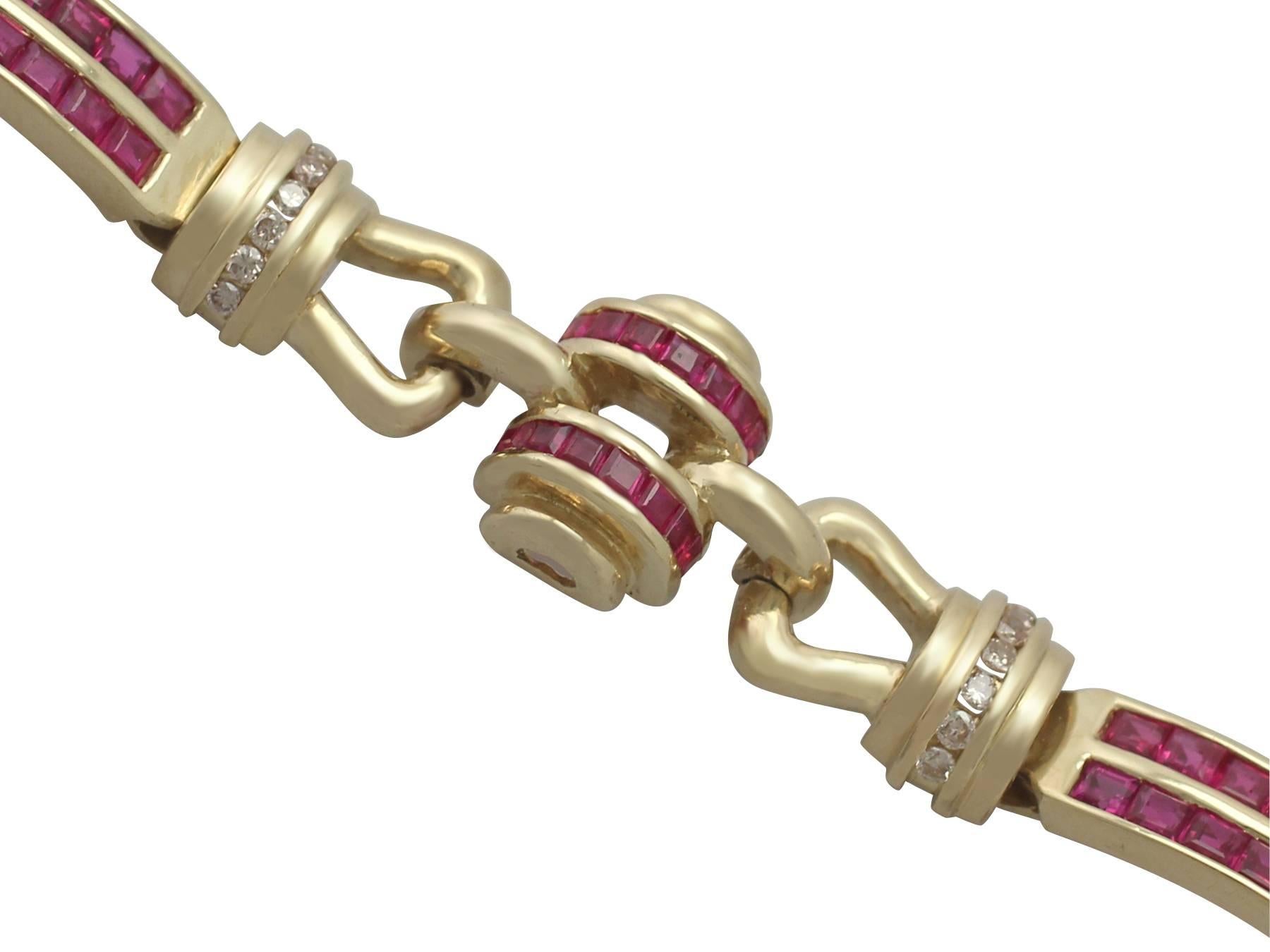 This exceptional, fine and impressive vintage ruby and diamond bracelet has been crafted in 18k yellow gold.

The typical Art Deco design consists of three longer links and three shorter links.

The longer links have an elongated, linear design