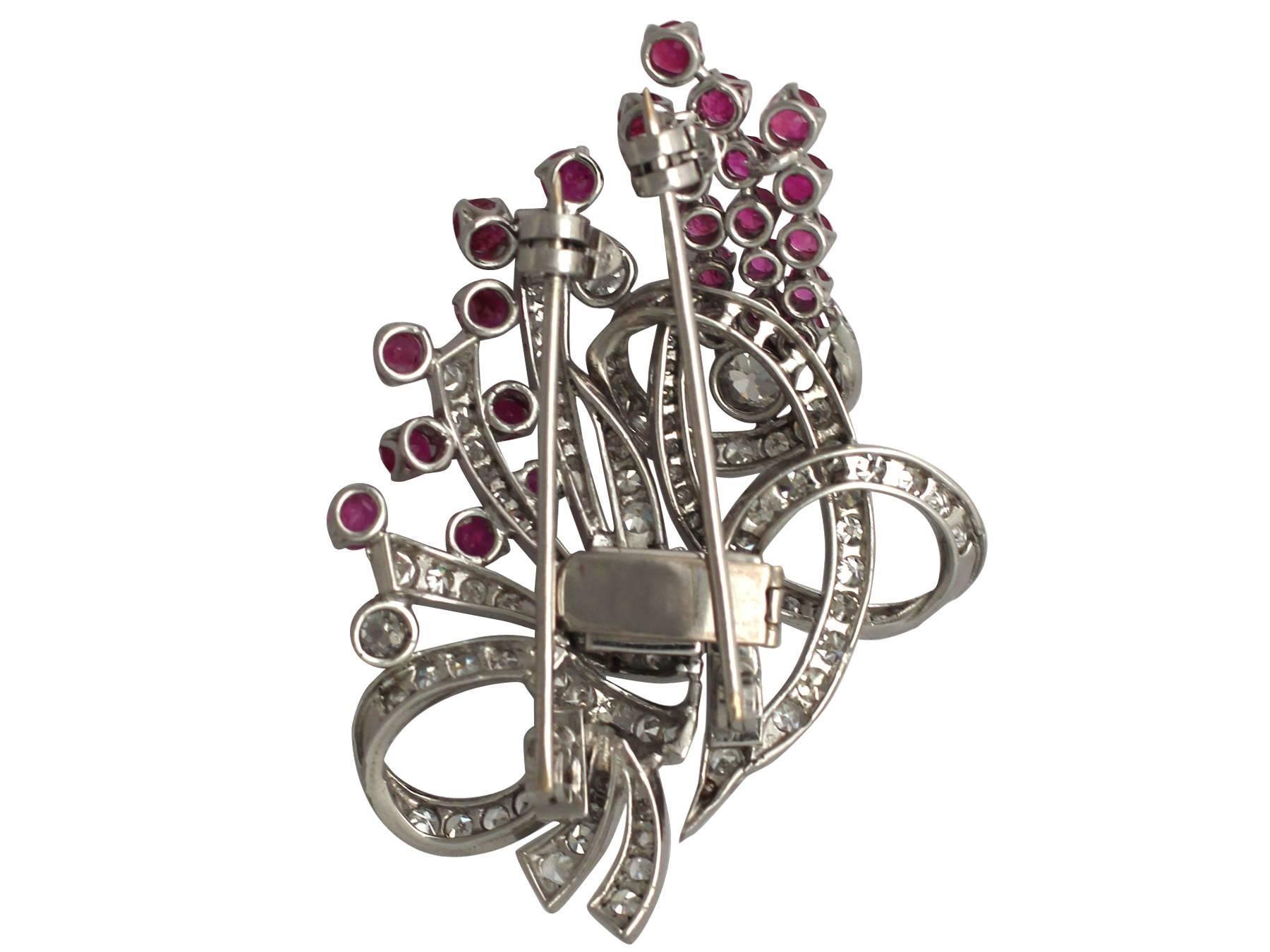 Women's 1920s 2.33 Carat Ruby and 2.95 Carat Diamond Platinum Double Clip Brooch