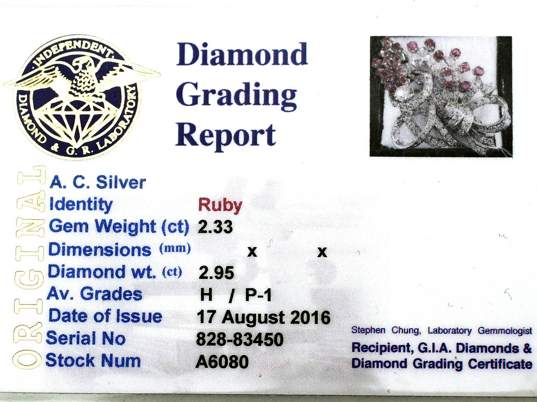 1920s 2.33 Carat Ruby and 2.95 Carat Diamond Platinum Double Clip Brooch 5