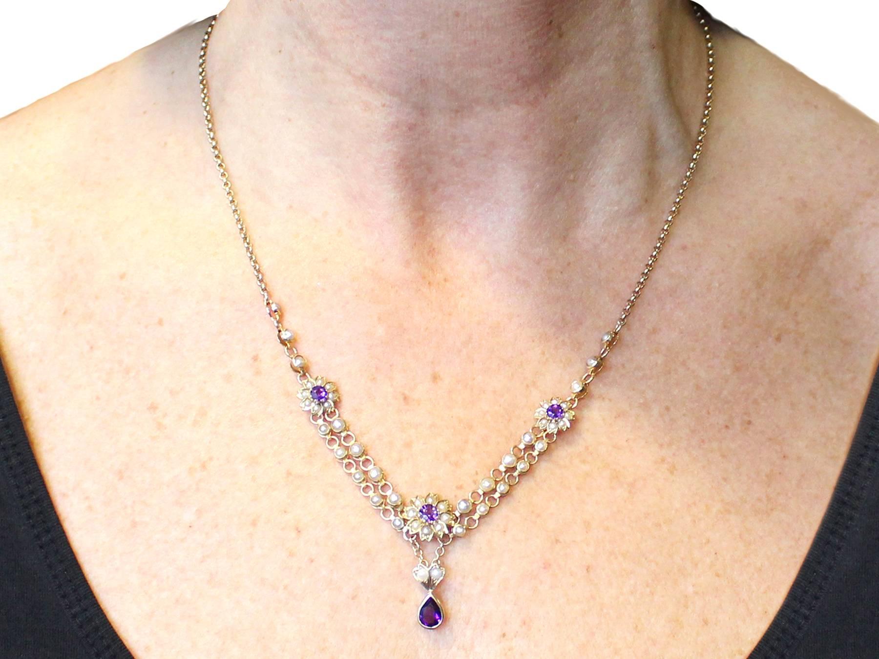 1890s  Seed Pearl and 0.90 Carat Amethyst Yellow Gold Necklace 3