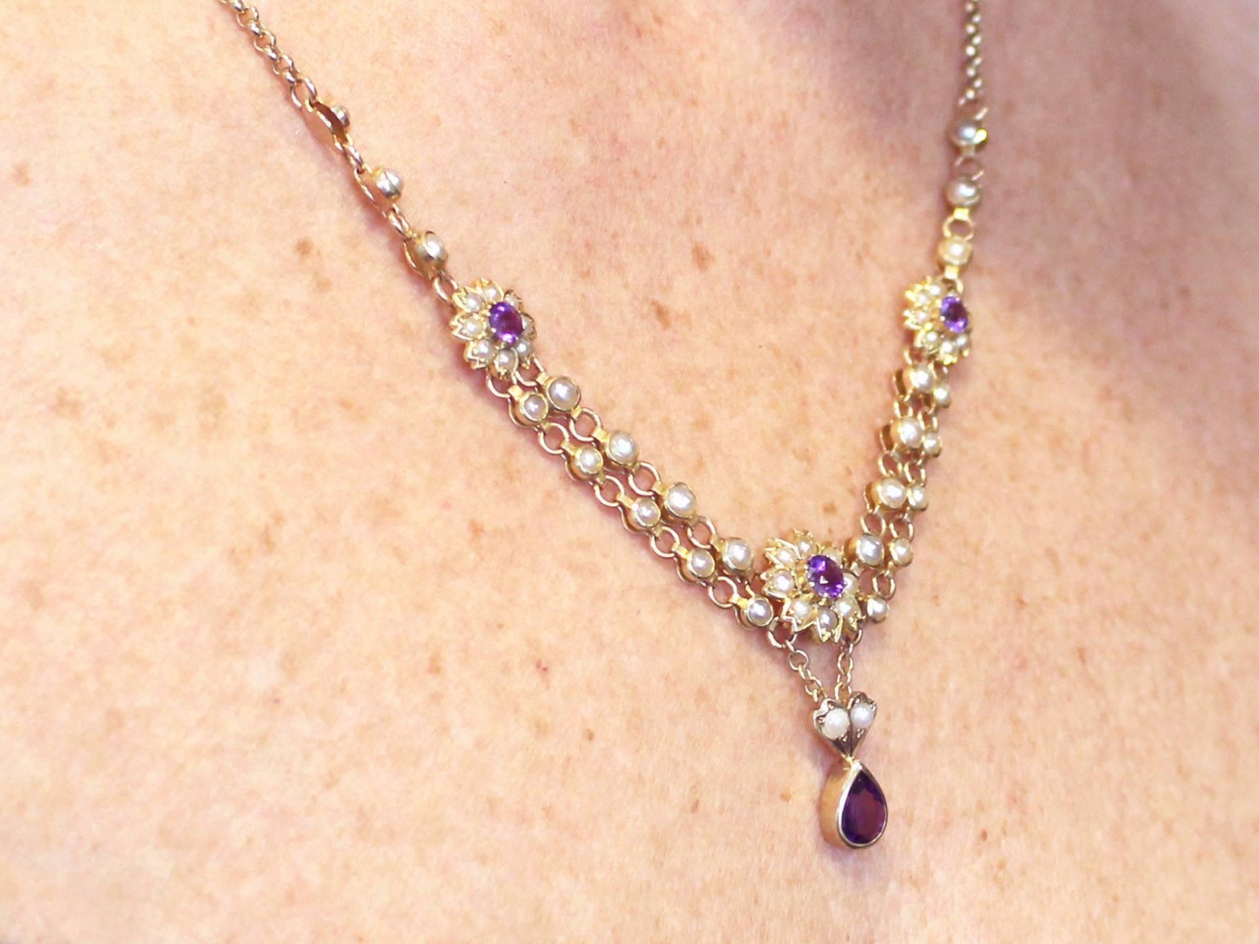1890s  Seed Pearl and 0.90 Carat Amethyst Yellow Gold Necklace 4