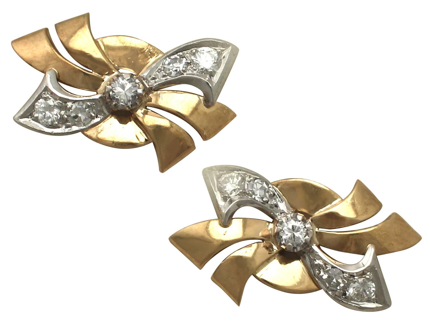 An impressive pair of vintage 0.30 Carat diamond and 18 karat yellow gold, 18 karat white gold set stud earrings; part of our diverse antique jewelry and estate jewelry collections

These fine and impressive vintage French stud earrings have been