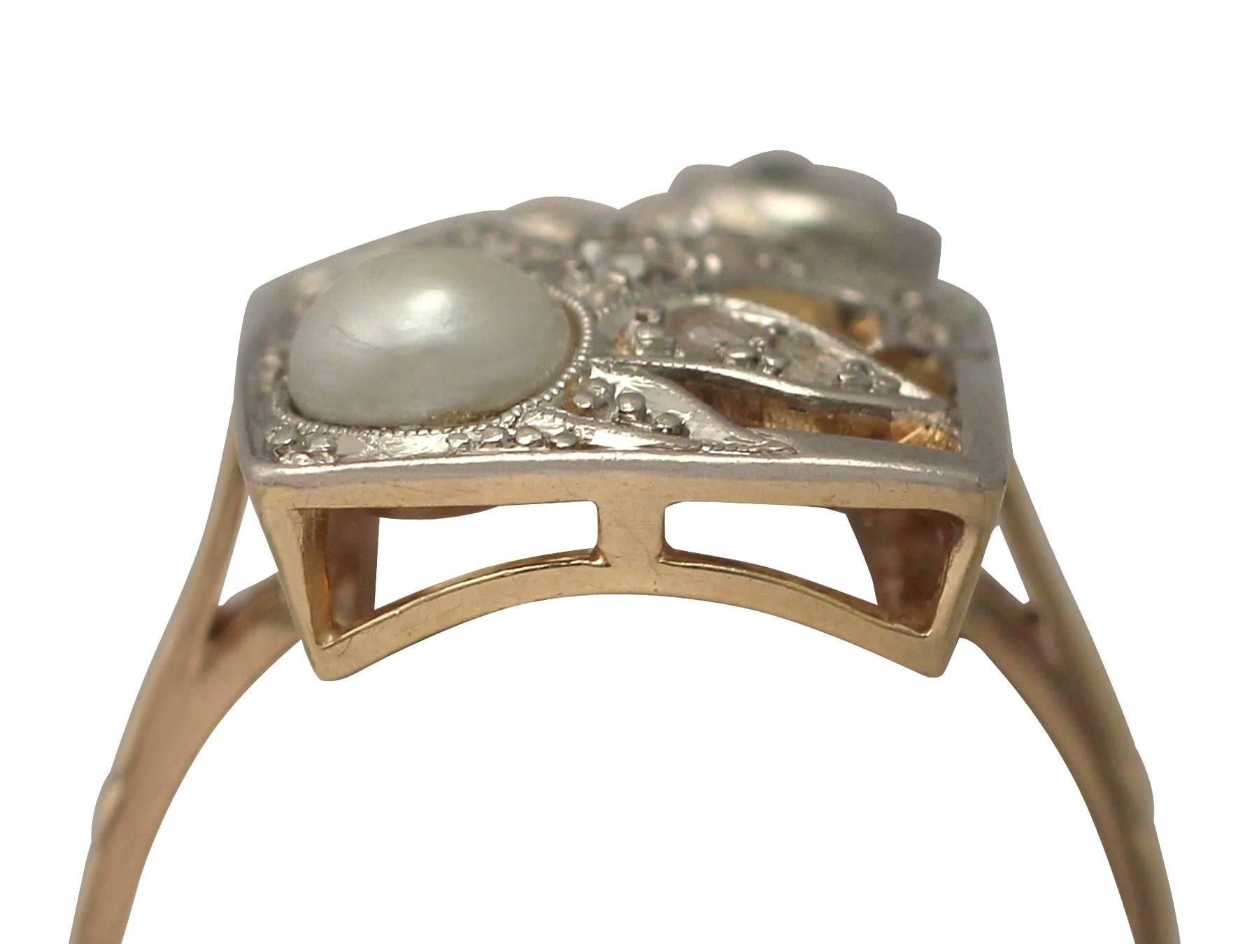 A fine and impressive antique German 0.37 carat diamond and natural pearl, 14 carat yellow gold and 14 karat white gold dress ring; part of our diverse antique jewellery and estate jewelry collections

This fine and impressive antique pearl and