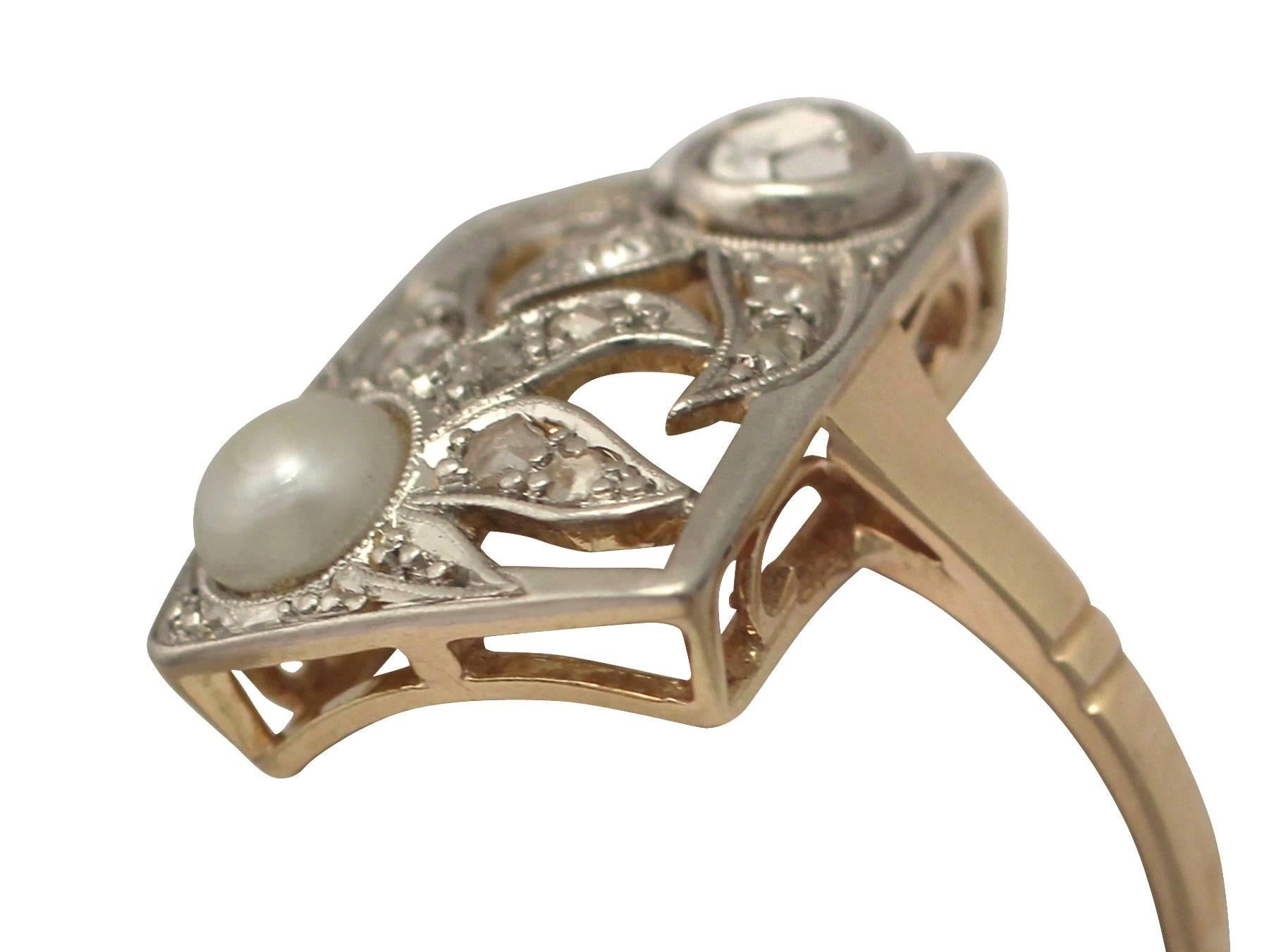 1920s Antique German Natural Pearl and 0.37 Carat Diamond, Yellow Gold Ring In Excellent Condition In Jesmond, Newcastle Upon Tyne