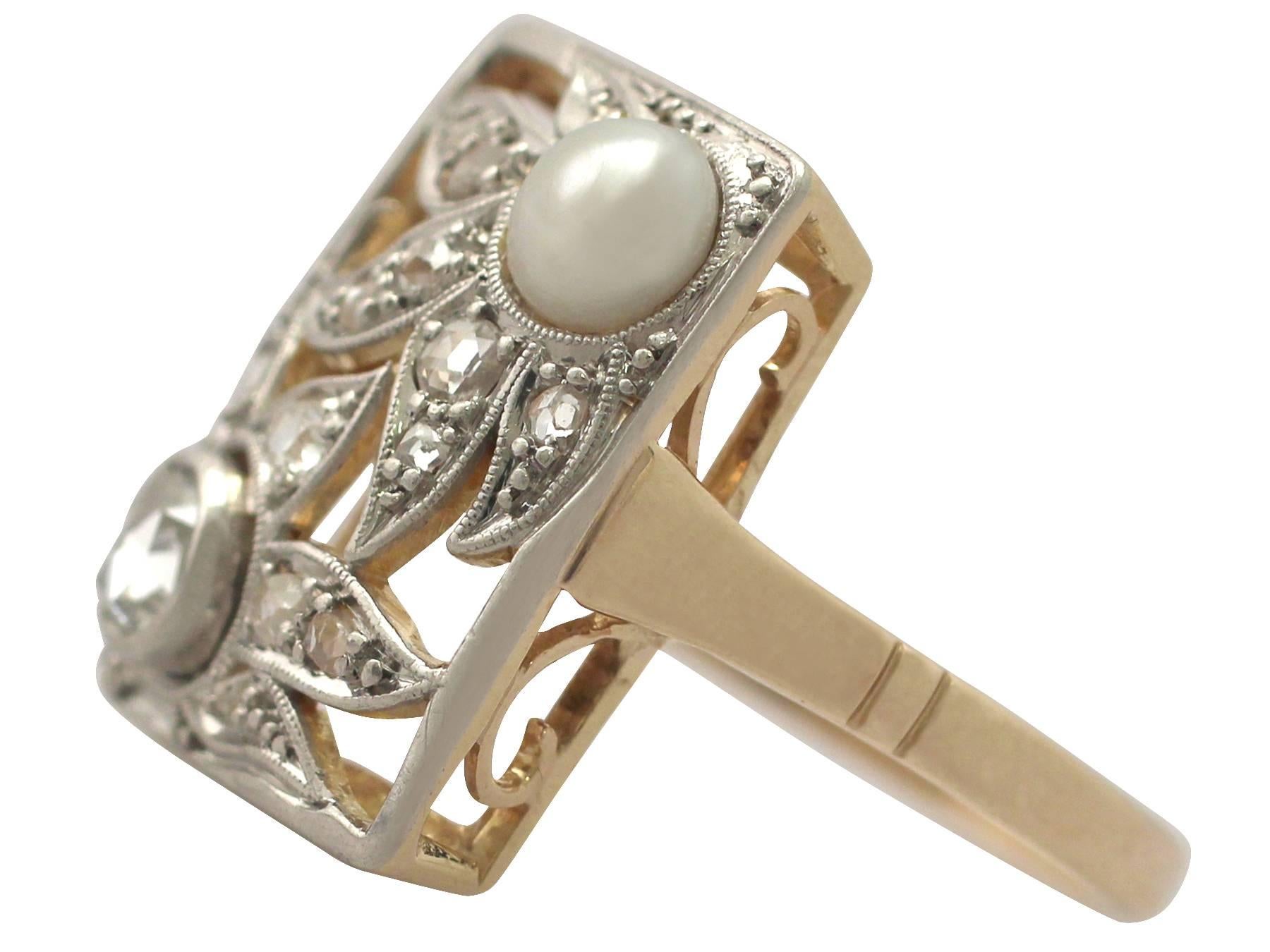 Women's 1920s Antique German Natural Pearl and 0.37 Carat Diamond, Yellow Gold Ring