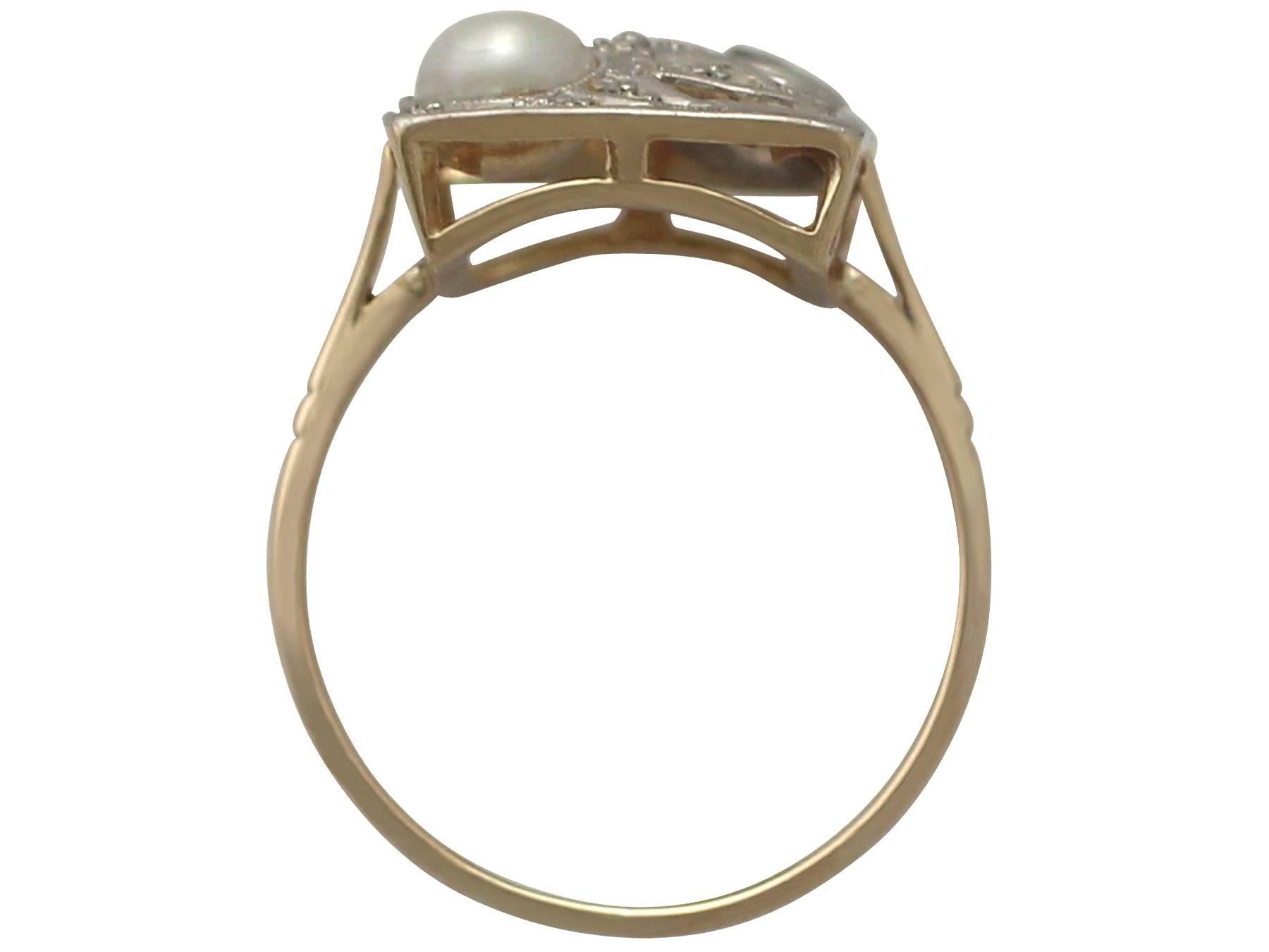 1920s Antique German Natural Pearl and 0.37 Carat Diamond, Yellow Gold Ring 1