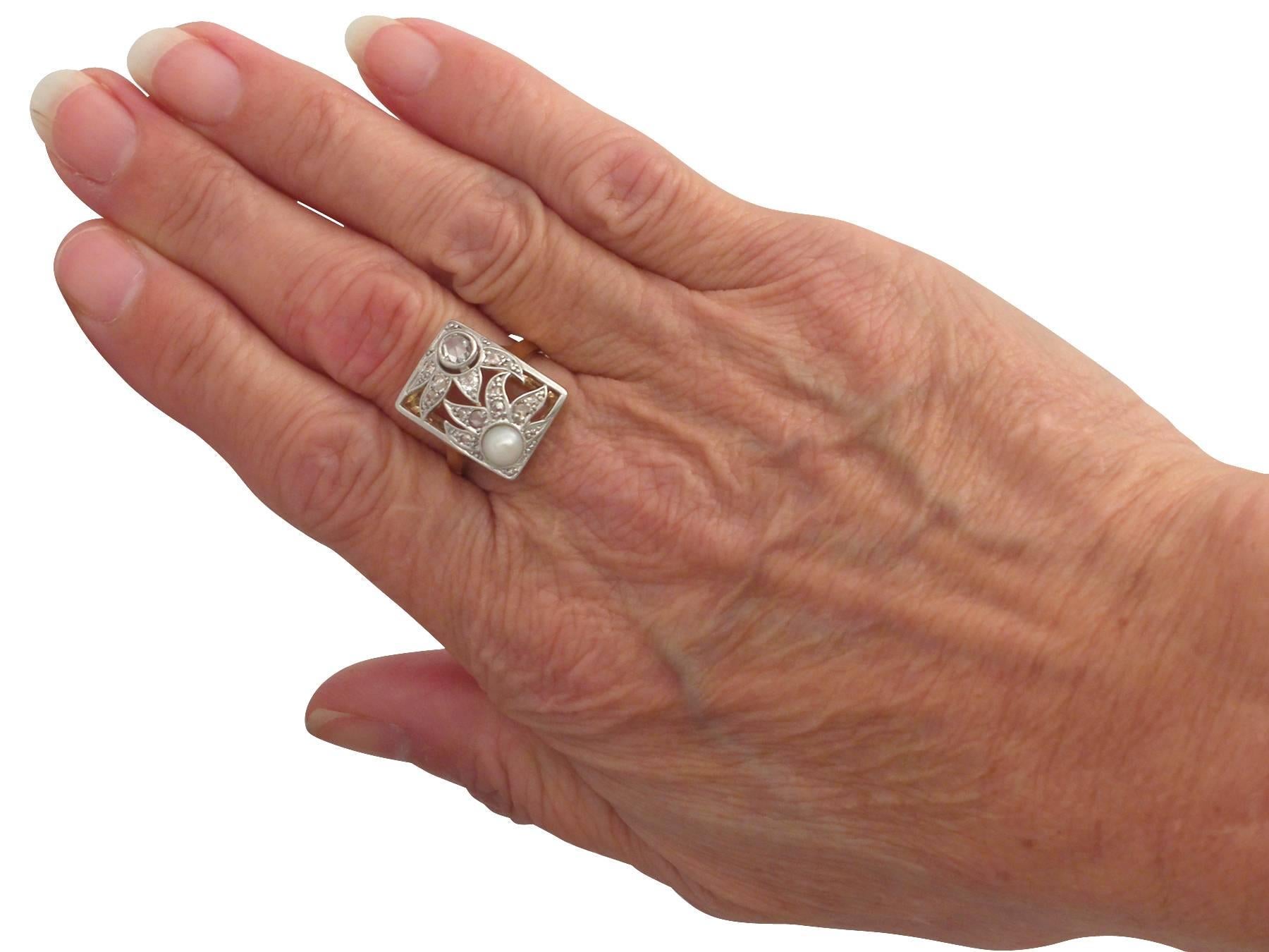 1920s Antique German Natural Pearl and 0.37 Carat Diamond, Yellow Gold Ring 3