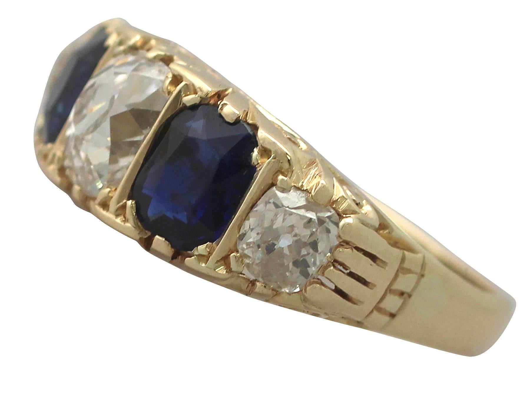Women's Antique 1900s 1.68 Carat Diamond and 0.55 Carat Sapphire, Yellow Gold Dress Ring