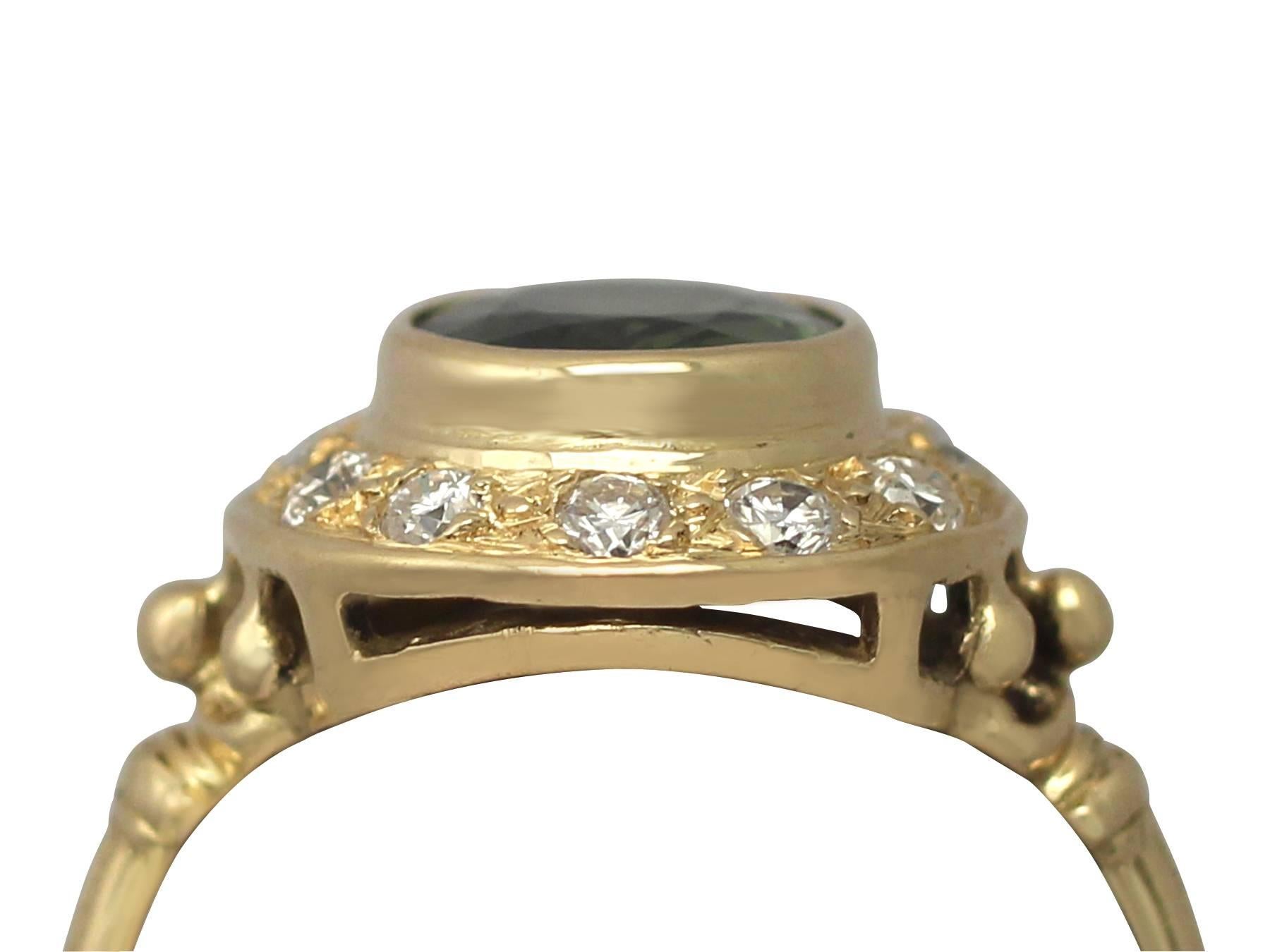 A fine and impressive 1.45 Carat peridot and 0.36 Carat diamond, 18 karat yellow gold cluster ring; part of our diverse vintage jewellery collections

This fine and impressive peridot and diamond ring has been crafted in 18k yellow gold.

The