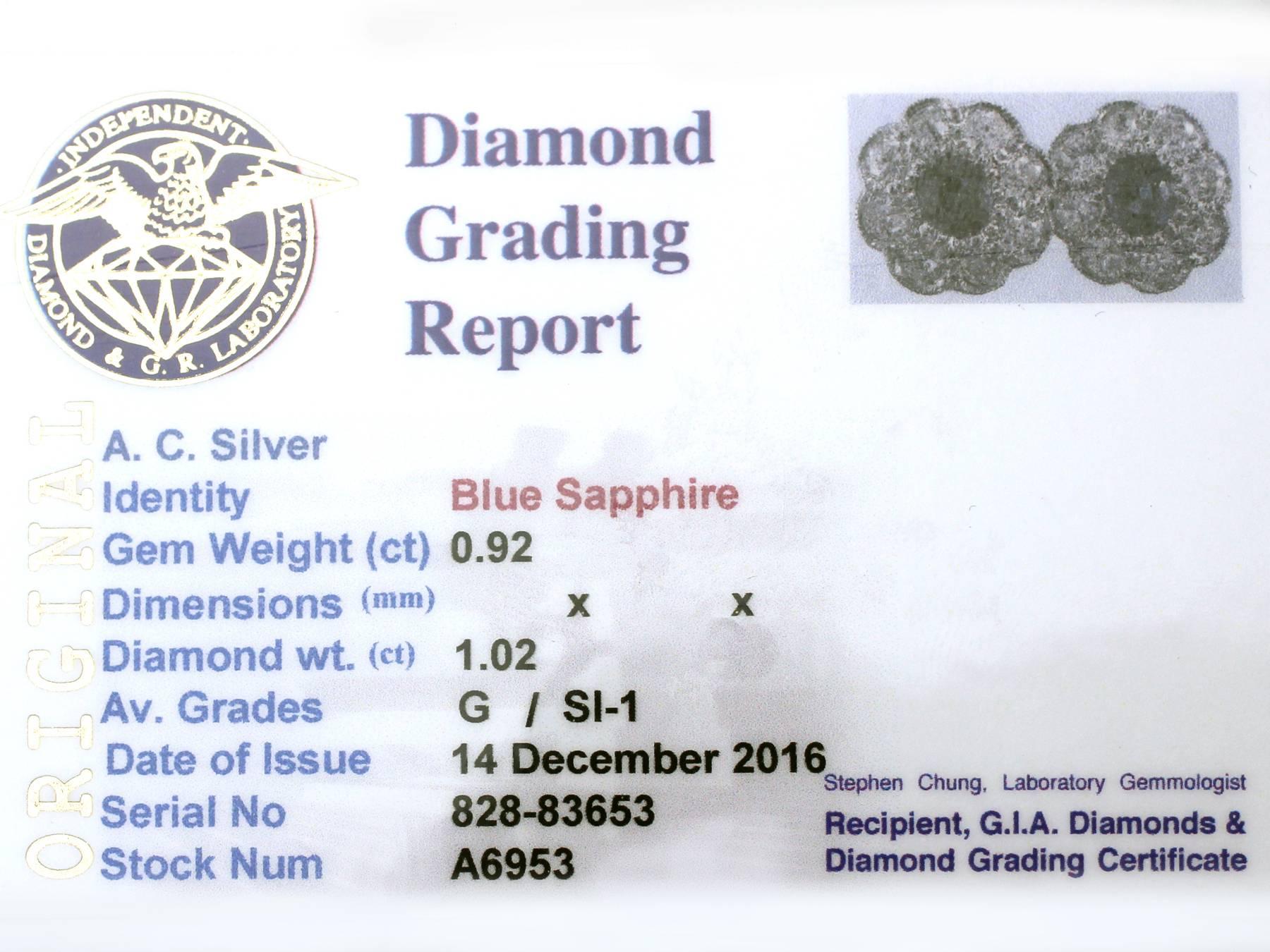 Antique 1920s 0.92Ct Sapphire and 1.02Ct Diamond, 18k White Gold Stud Earrings 4