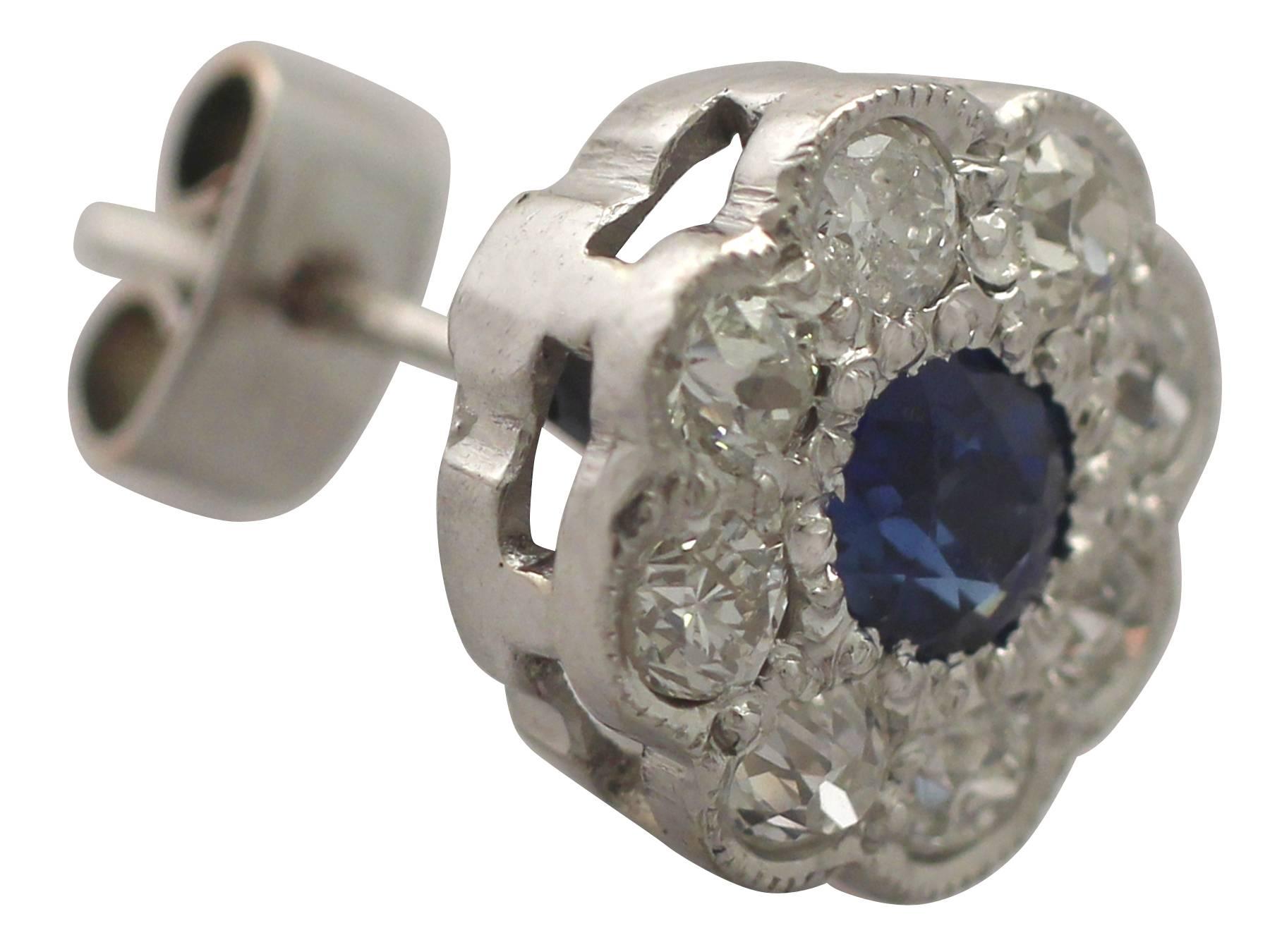 Antique 1920s 0.92Ct Sapphire and 1.02Ct Diamond, 18k White Gold Stud Earrings 1