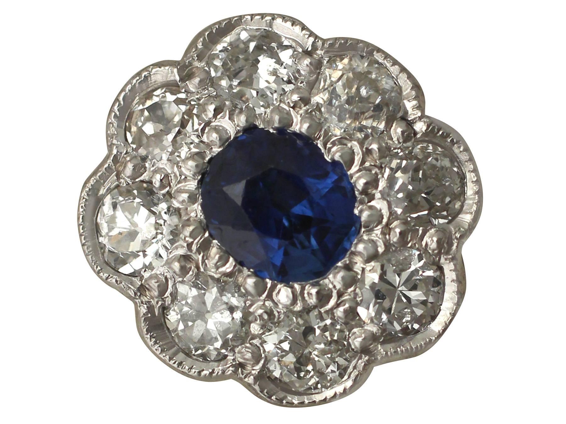 A fine and impressive pair of 0.92 Carat blue sapphire and 1.02 Carat diamond, 18 karat white gold cluster style stud earrings; part of our diverse antique jewelry collections

These fine and impressive sapphire and diamond earrings have been