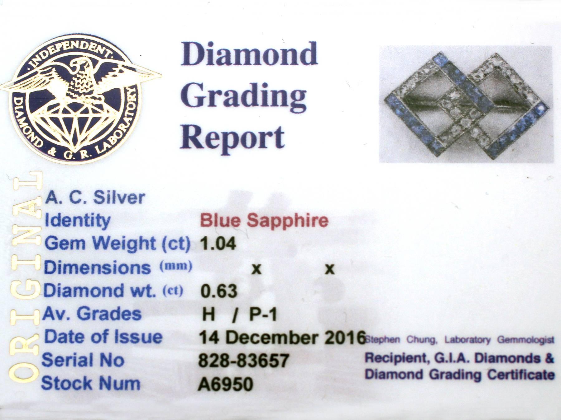 1940s 1.04 Carat Sapphire and 0.63 Carat Diamond, 9 Karat White Gold Brooch 1