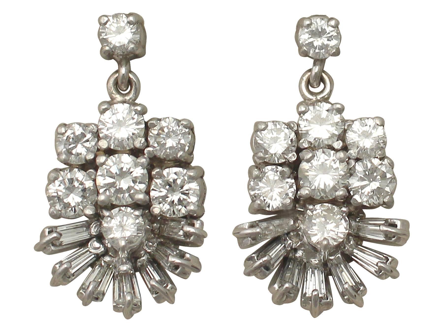 1.28 Carat Diamond and White Gold Drop Earrings 1960s