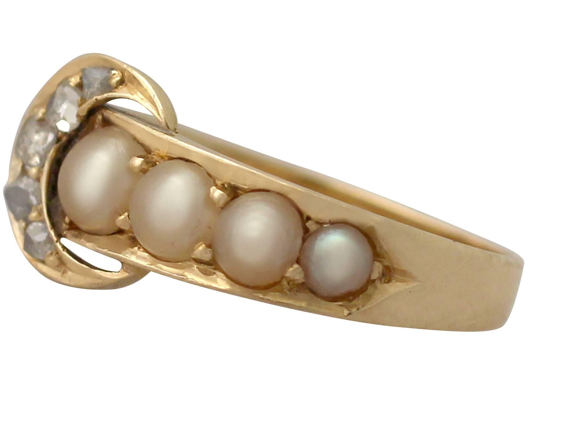 1910s 0.15 Carat Diamond and Pearl, 18 Carat Yellow Gold 'Buckle' Ring In Excellent Condition In Jesmond, Newcastle Upon Tyne