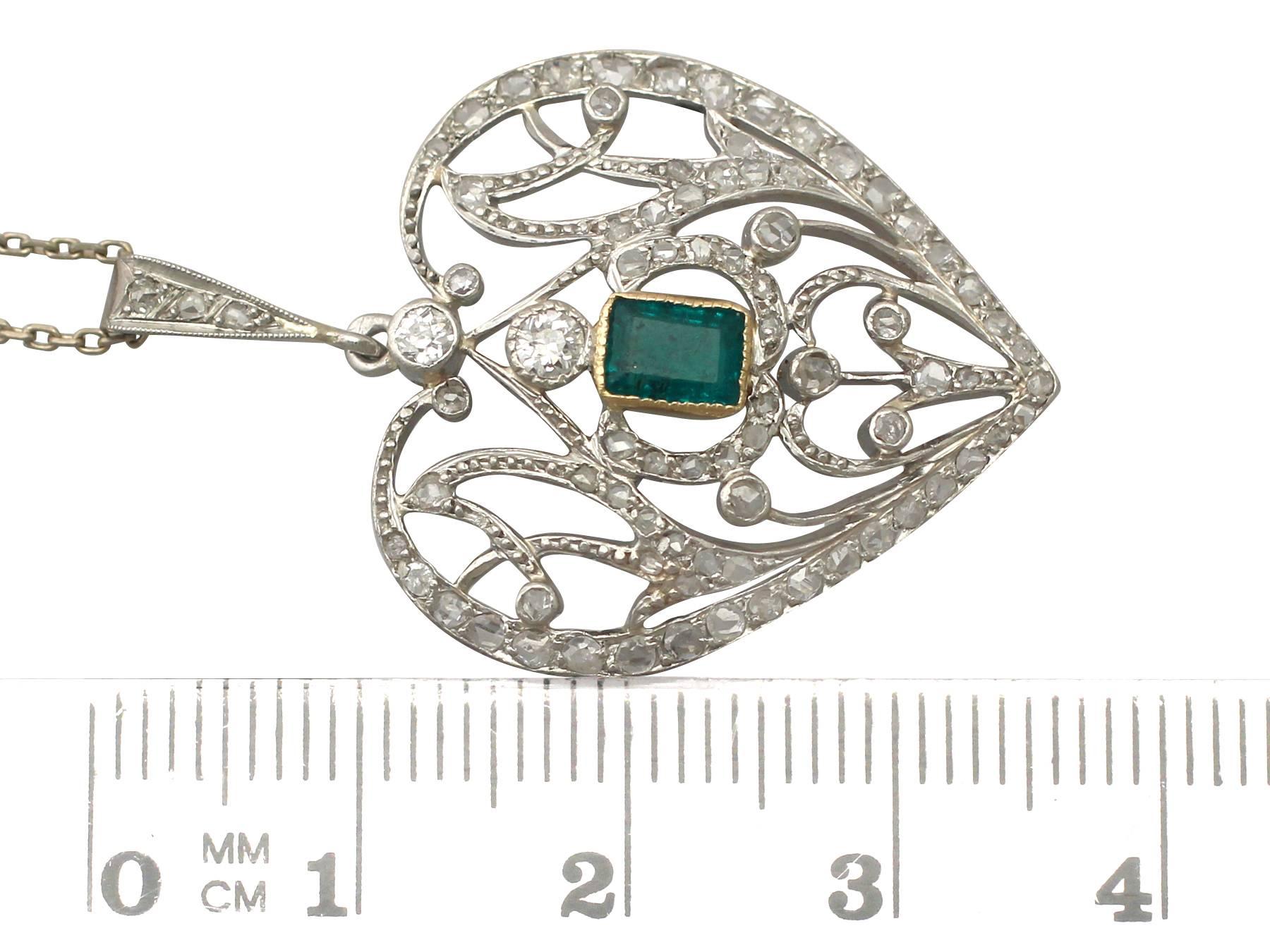Antique 1890s 0.33 ct Emerald and 0.35 ct Diamond, 9 k White Gold Heart Pendant 1