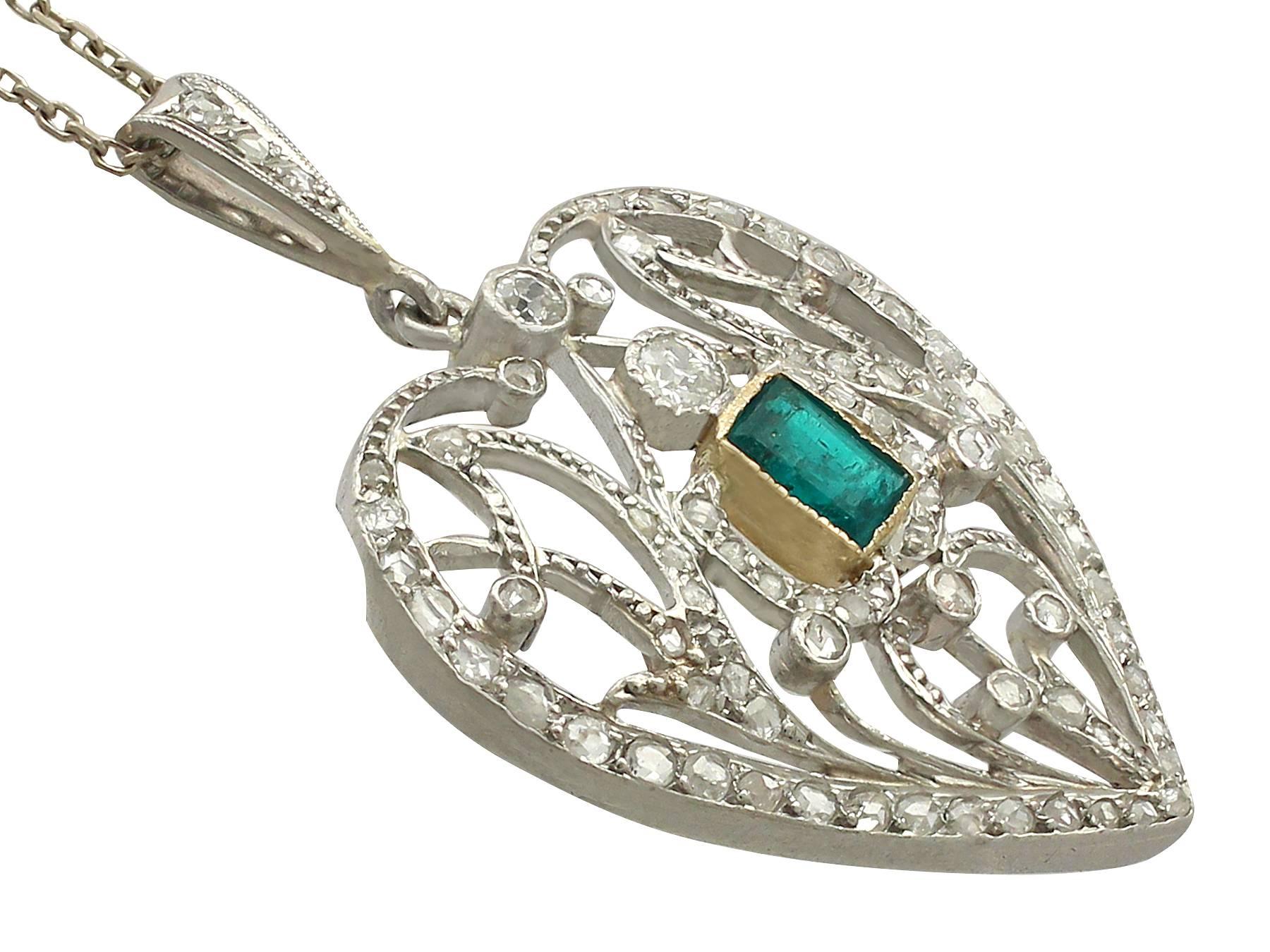 Art Nouveau Antique 1890s 0.33 ct Emerald and 0.35 ct Diamond, 9 k White Gold Heart Pendant