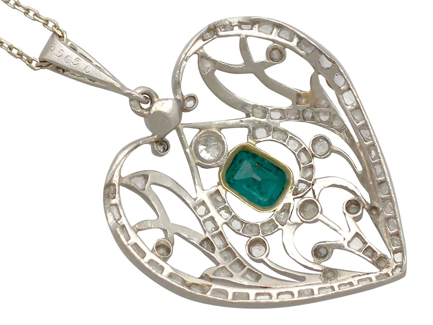 Women's Antique 1890s 0.33 ct Emerald and 0.35 ct Diamond, 9 k White Gold Heart Pendant
