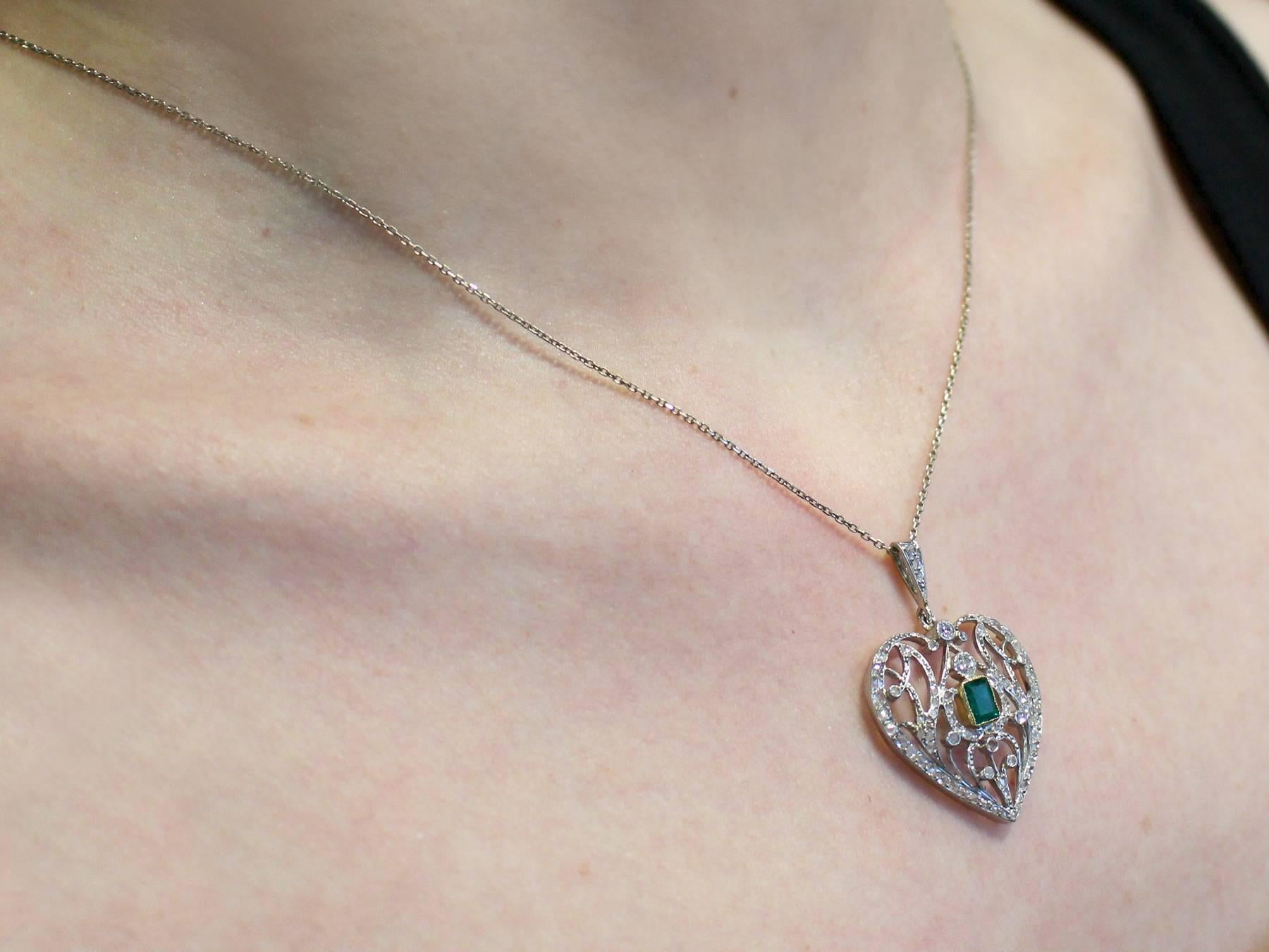 Antique 1890s 0.33 ct Emerald and 0.35 ct Diamond, 9 k White Gold Heart Pendant 4