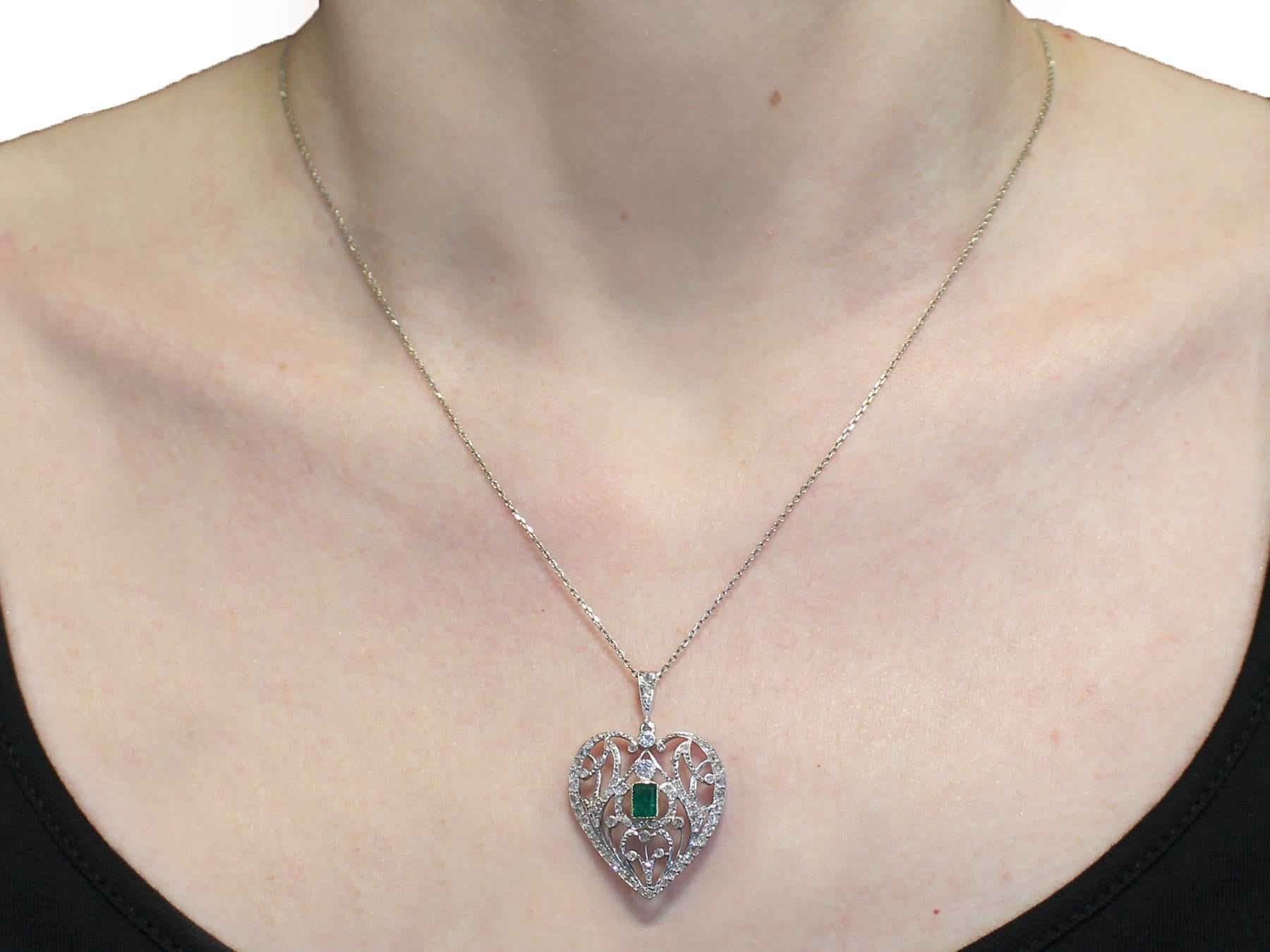 Antique 1890s 0.33 ct Emerald and 0.35 ct Diamond, 9 k White Gold Heart Pendant 3