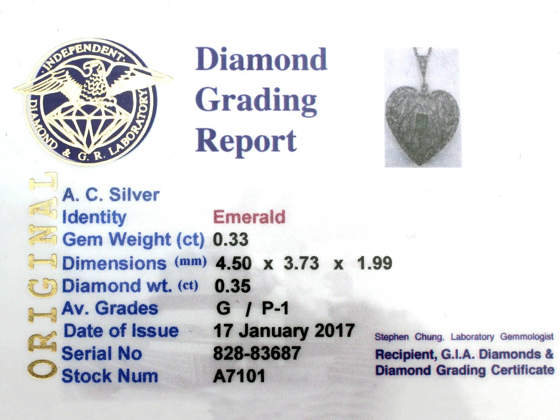 Antique 1890s 0.33 ct Emerald and 0.35 ct Diamond, 9 k White Gold Heart Pendant 2