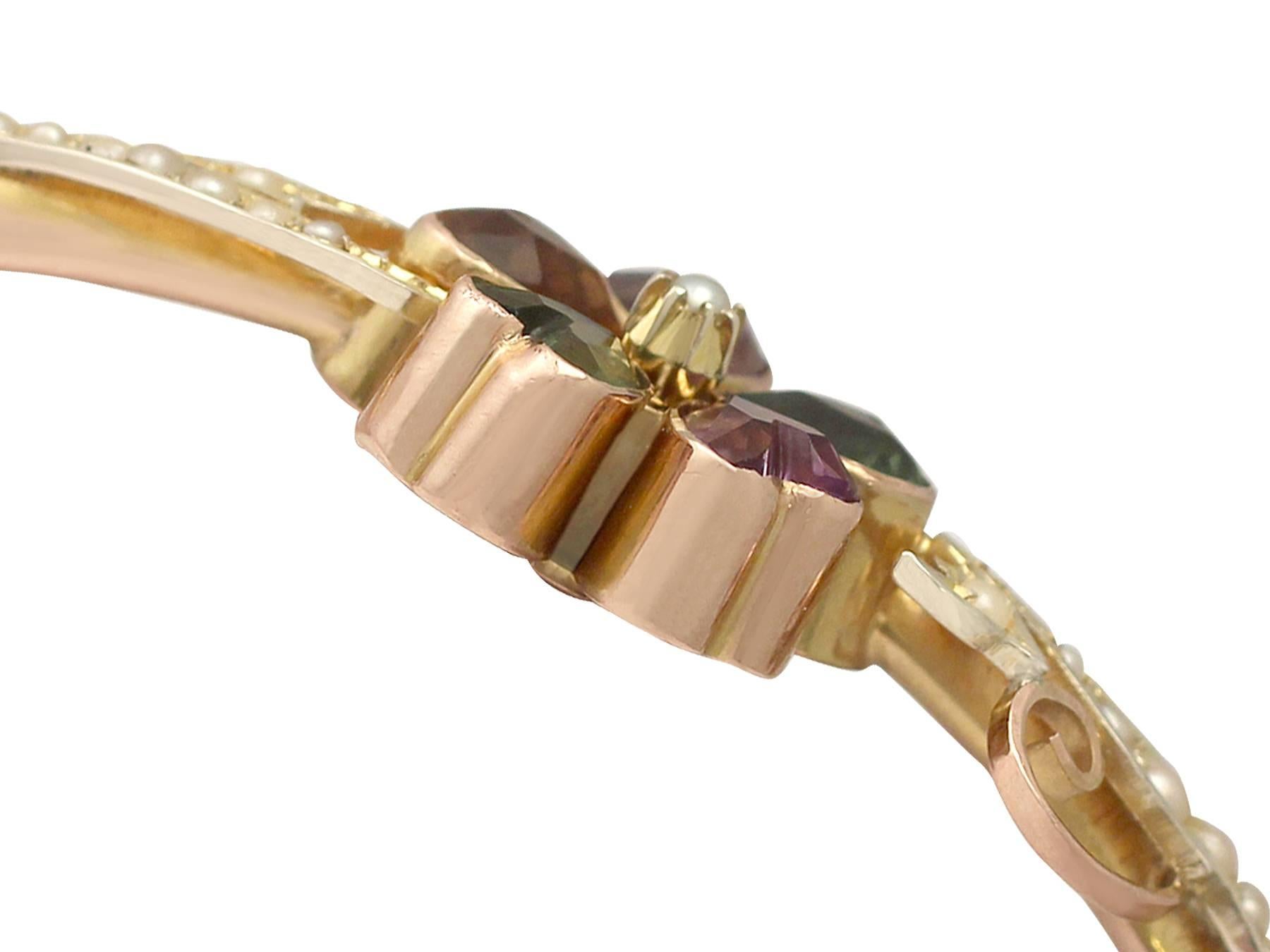 Women's Victorian Amethyst, Citrine, Tourmaline, and Seed Pearl Yellow Gold Bangle