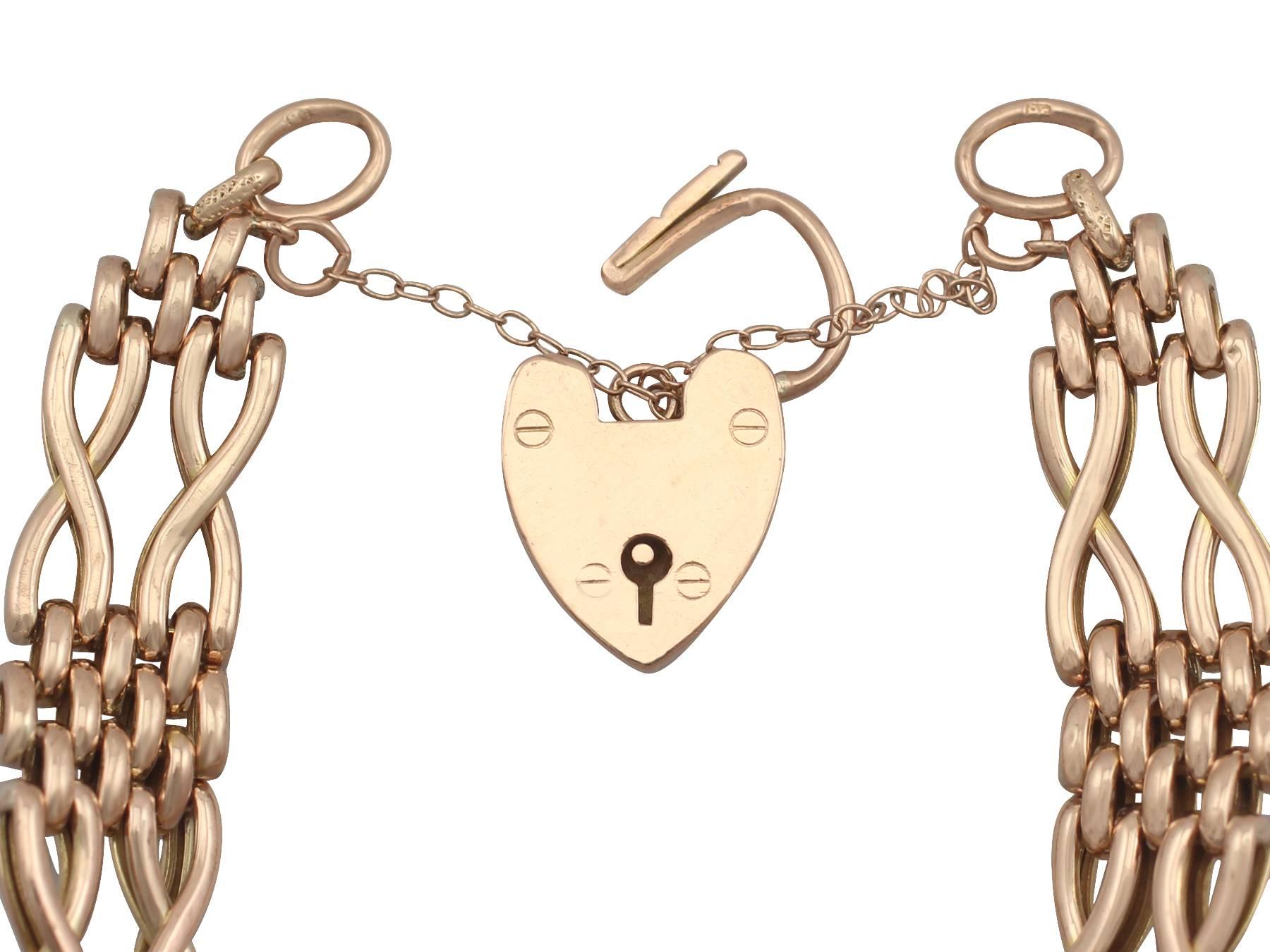 A fine and impressive antique 9 karat rose gold gate style bracelet with a heart shaped padlock clasp; part of our diverse Victorian jewelry collections

This fine and impressive antique gate bracelet has been crafted in 9 k rose gold.

The bracelet