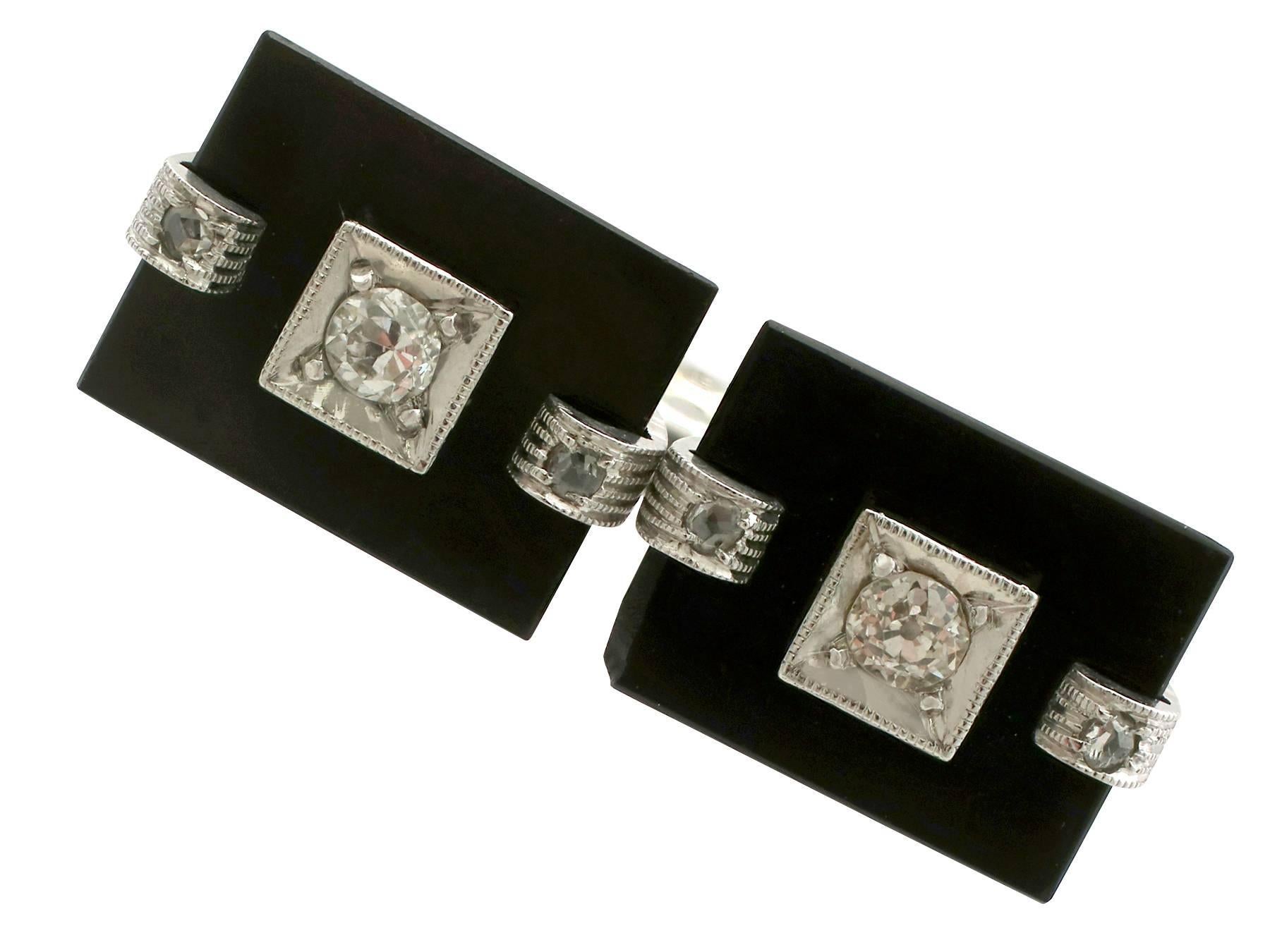 An exceptional pair of 0.32 carat diamond and black onyx, 18 karat white gold cufflinks by Brevet; part of our diverse antique jewelry and estate jewelry collections

These exceptional antique onyx and diamond cufflinks have been crafted in 18k