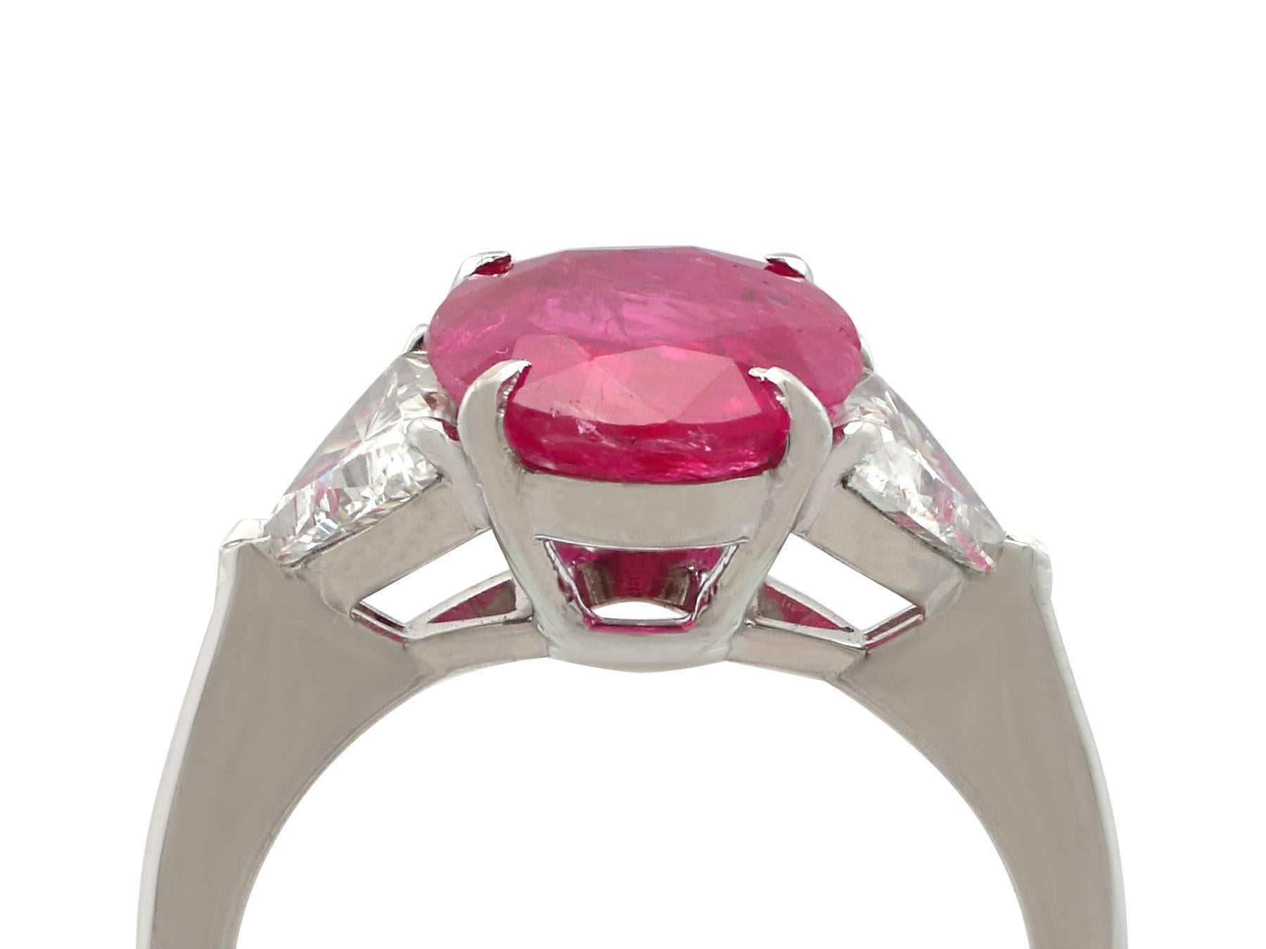 
A stunning vintage 3.38 carat Burmese ruby, 1.33 carat diamond and platinum dress ring; part of our diverse vintage jewelry and estate jewelry collections

This stunning, fine and impressive GIA certified ruby ring has been crafted in
