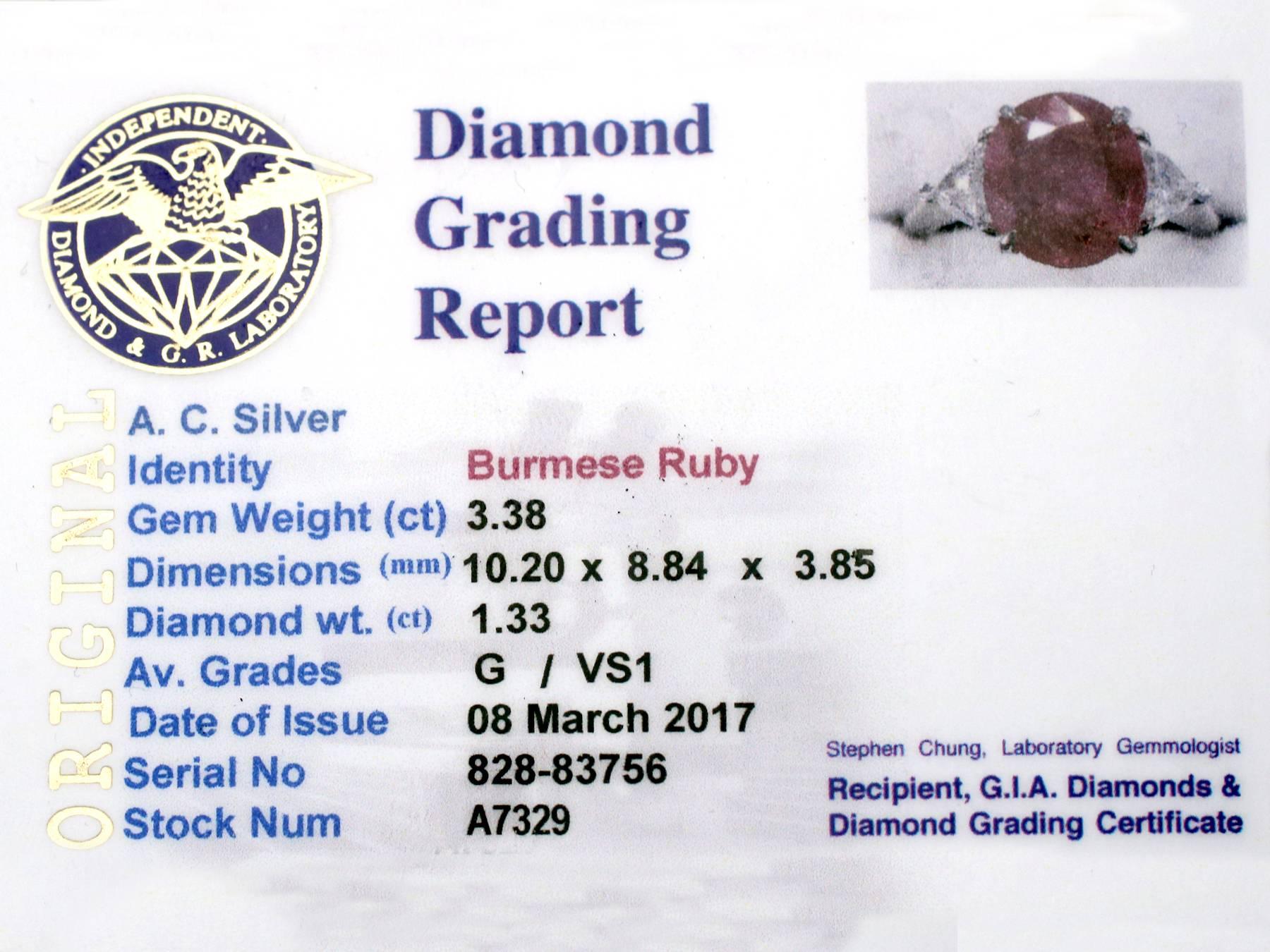 3.38 Carat Burmese Ruby and 1.33 Carat Diamond Platinum Ring 3