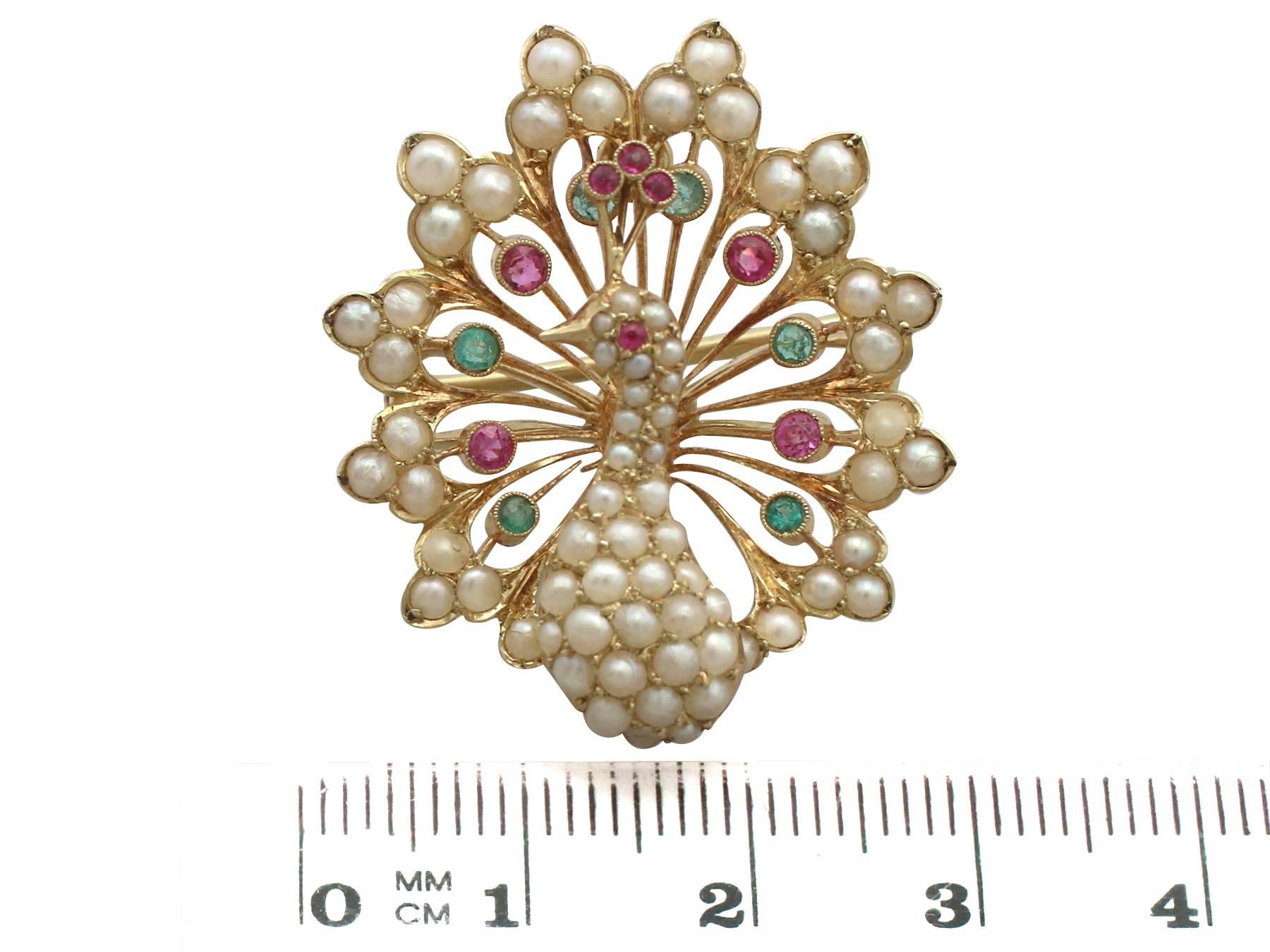 1890s Pearl, Ruby, Emerald Yellow Gold 'Peacock' Brooch/Pendant 1