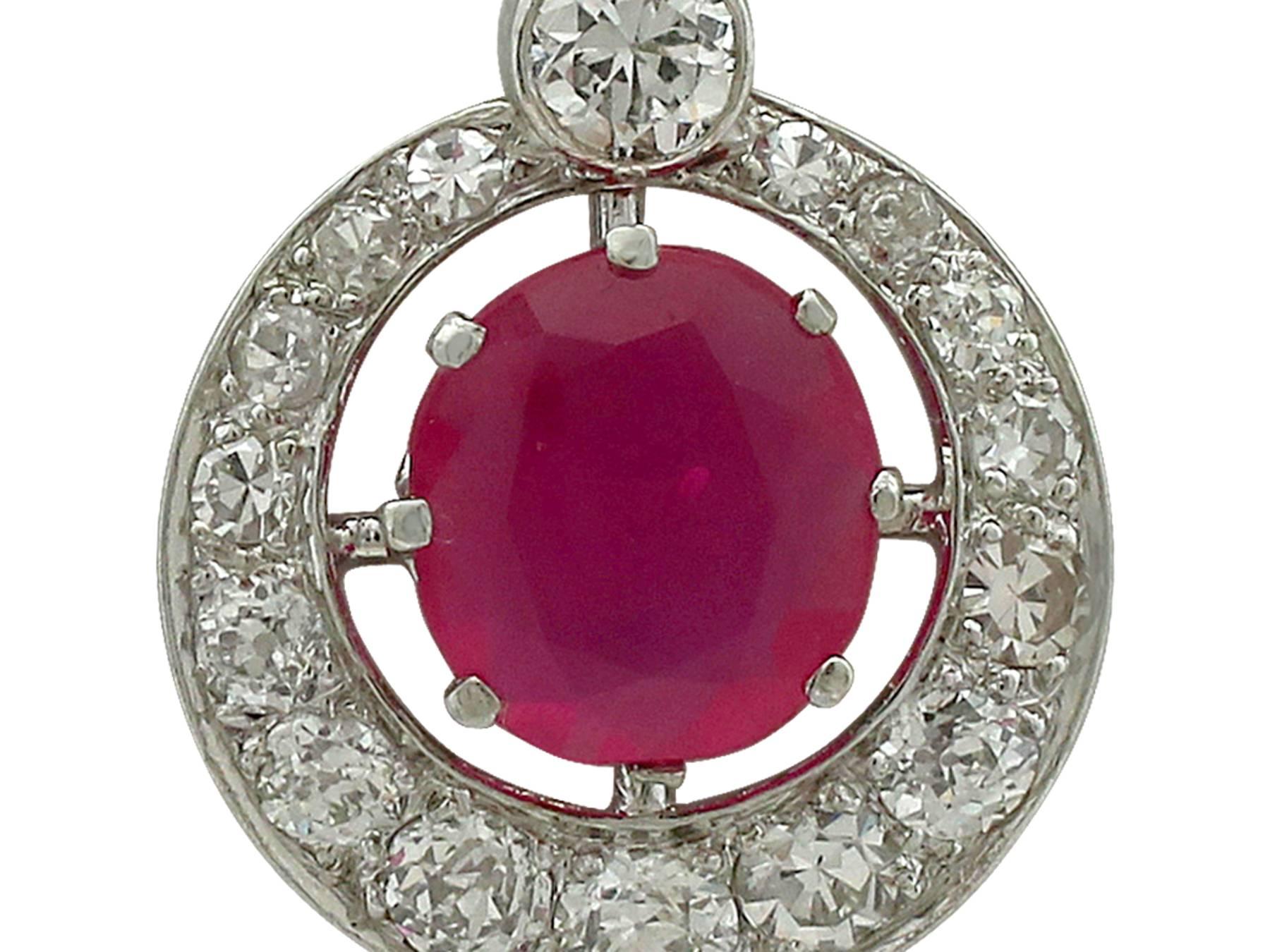 1940s 1.07 Carat Burmese Ruby Diamond Platinum Pendant 1