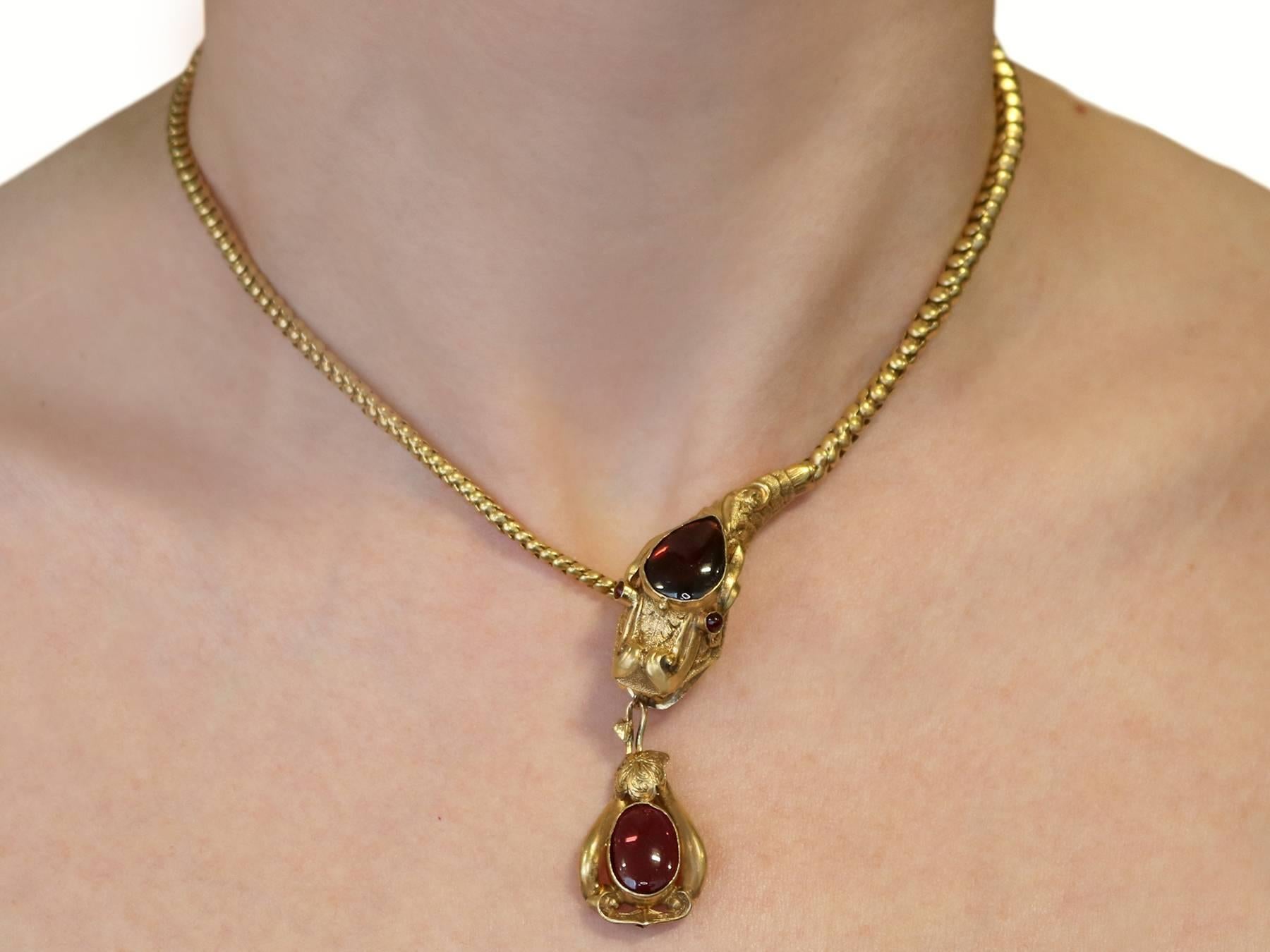 1860s Antique 3.92 Carat Garnet and Yellow Gold Dragon Necklace 2