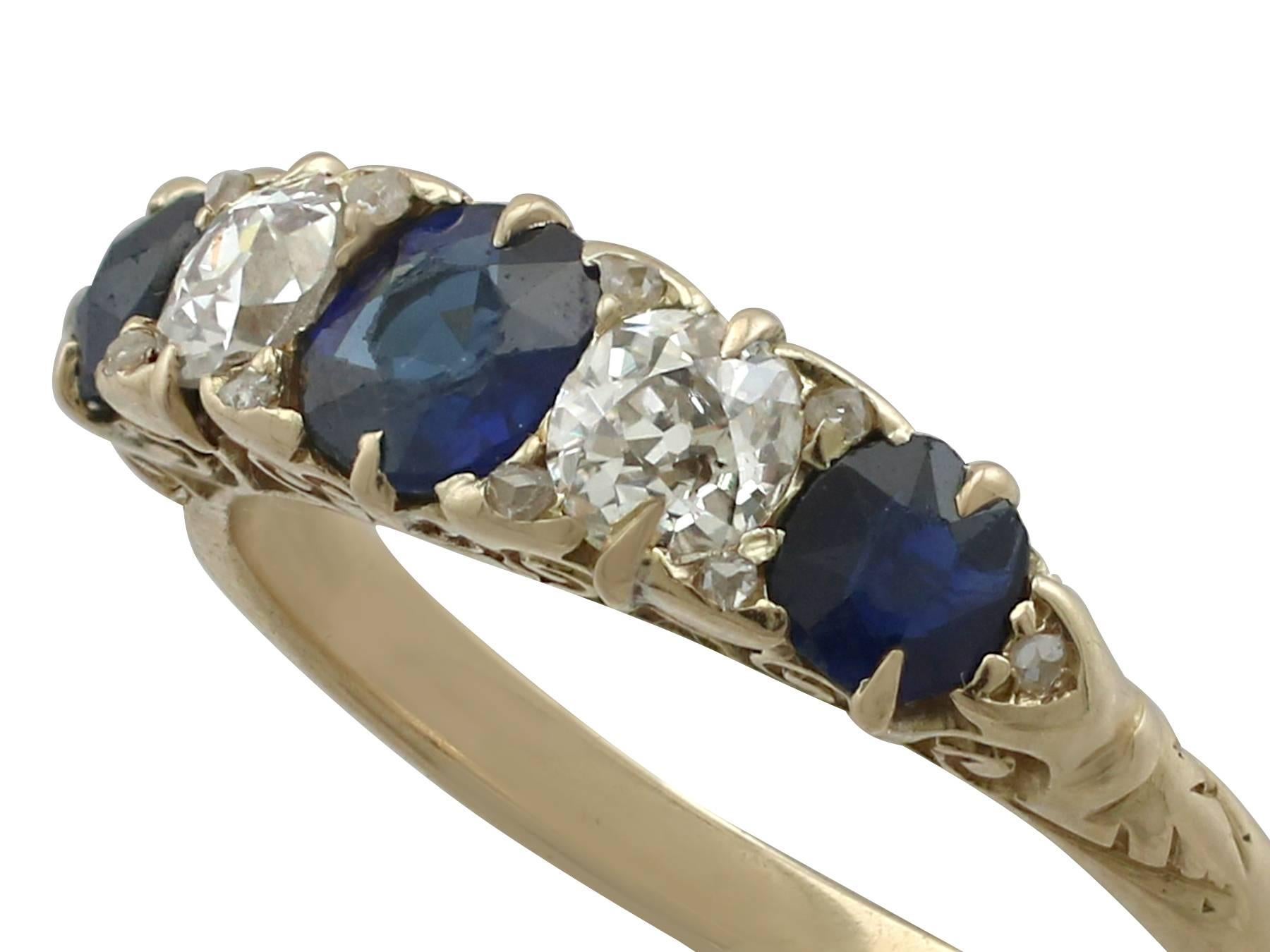 Round Cut 1910s Antique Sapphire and Diamond Yellow Gold Five-Stone Ring