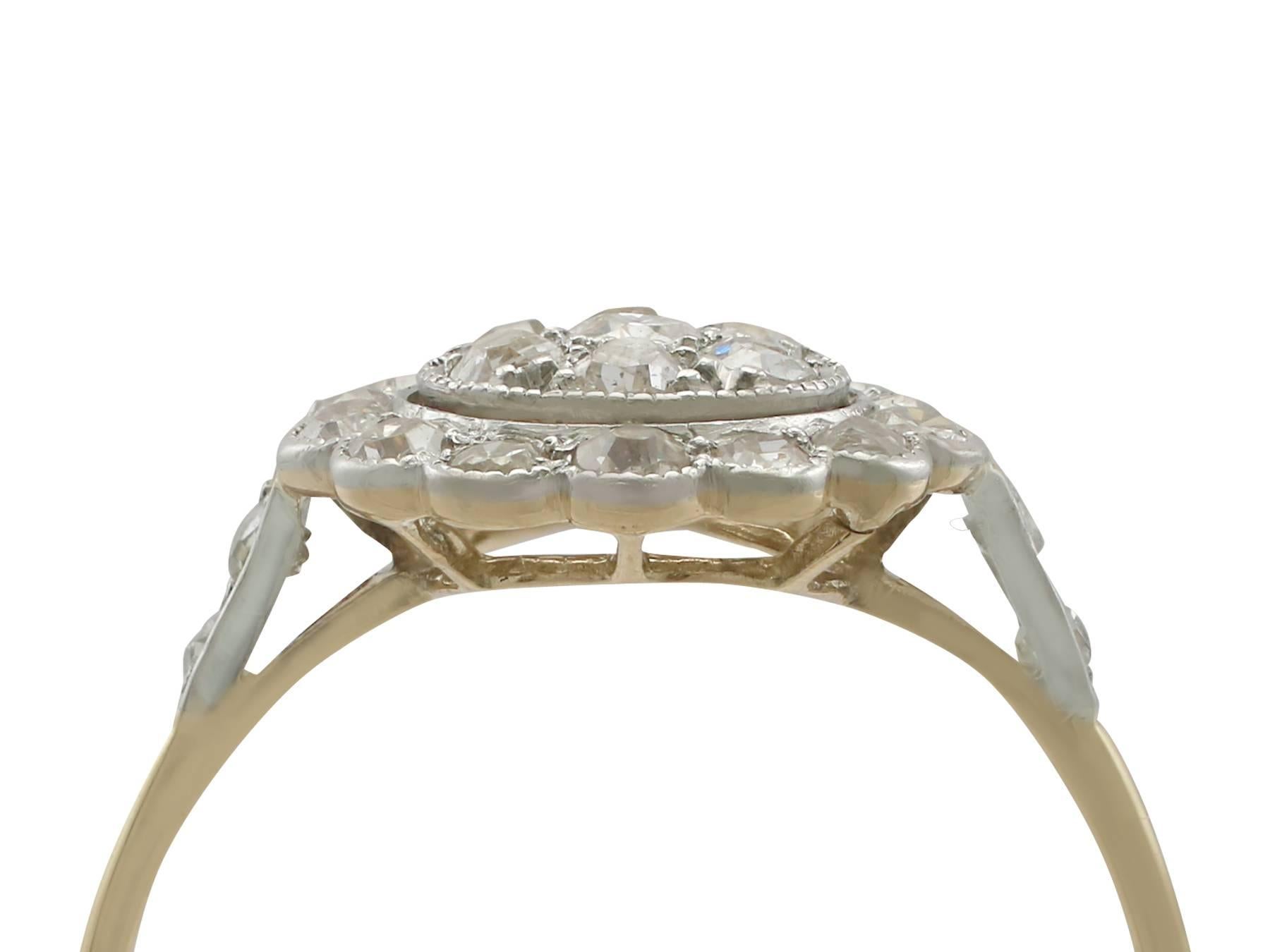 A fine and impressive antique 0.78 carat diamond and 18 karat yellow gold, platinum set cluster style ring; part of our diverse antique jewelry collections

This fine and impressive diamond ring has been crafted in 18k yellow gold with a platinum