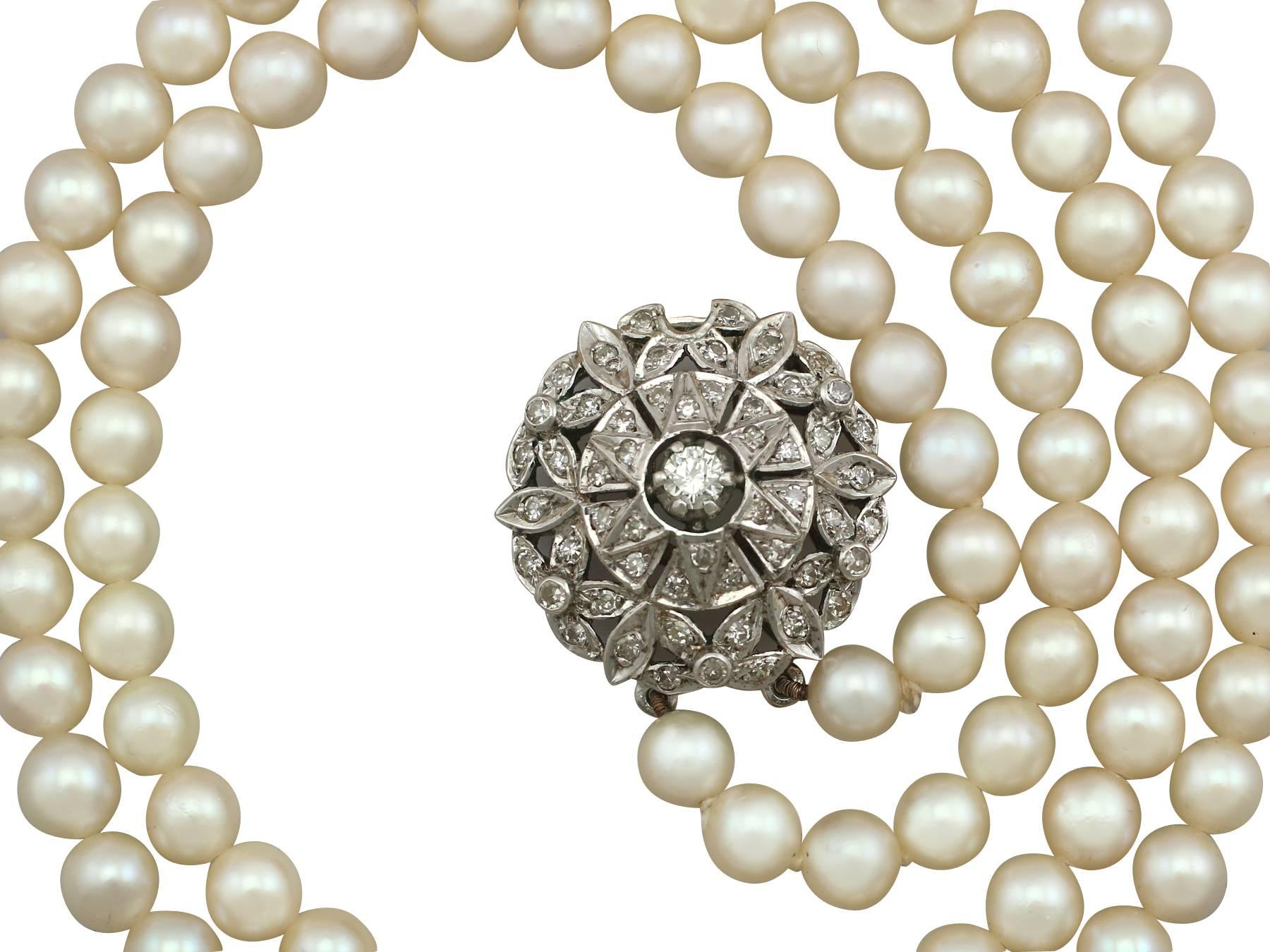 Romantic 1970s Double Strand Pearl Necklace with 1.05 Carat Diamond White Gold Clasp